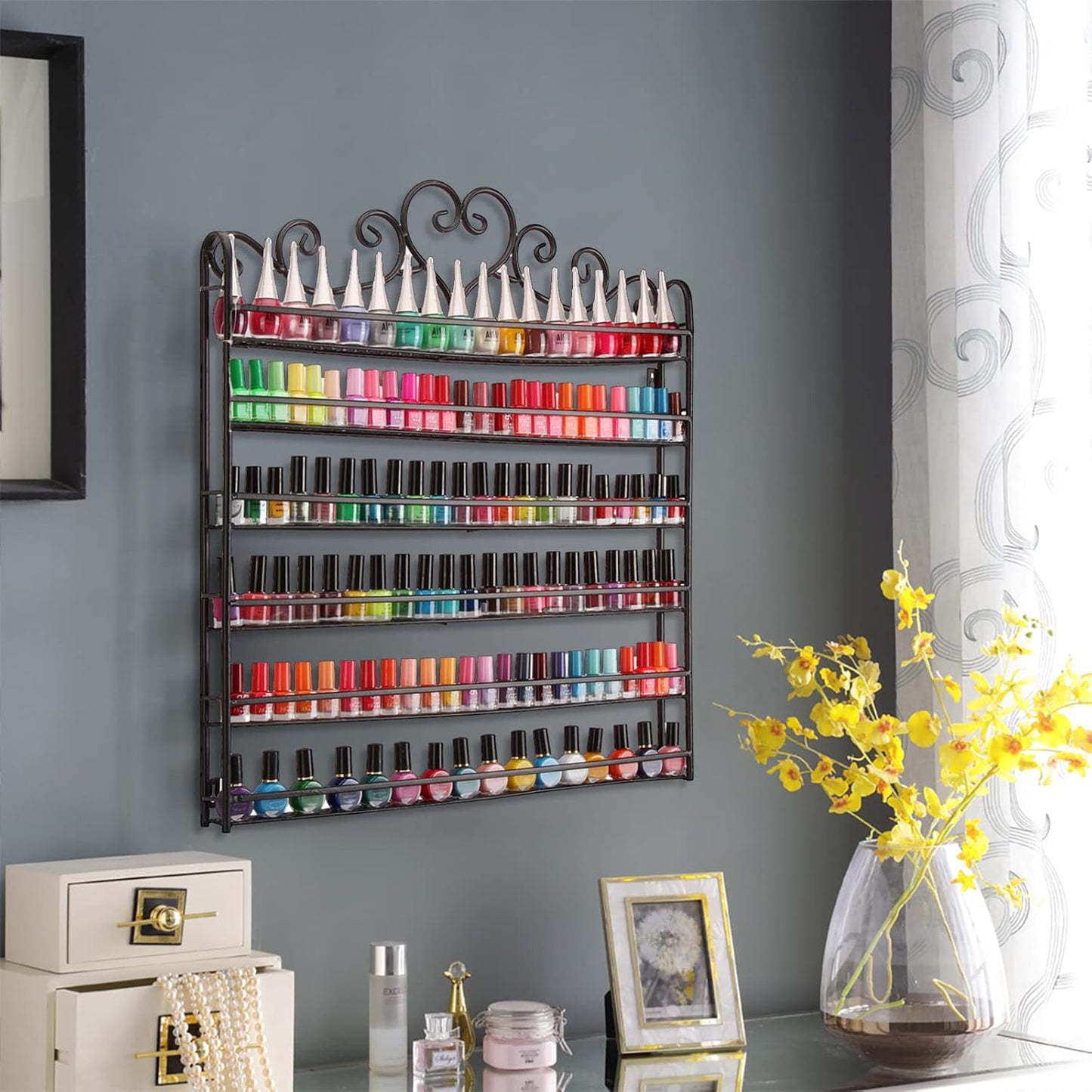 6-stufiges Metall-Nagellackregal für die Wand, Schwarz, Rot