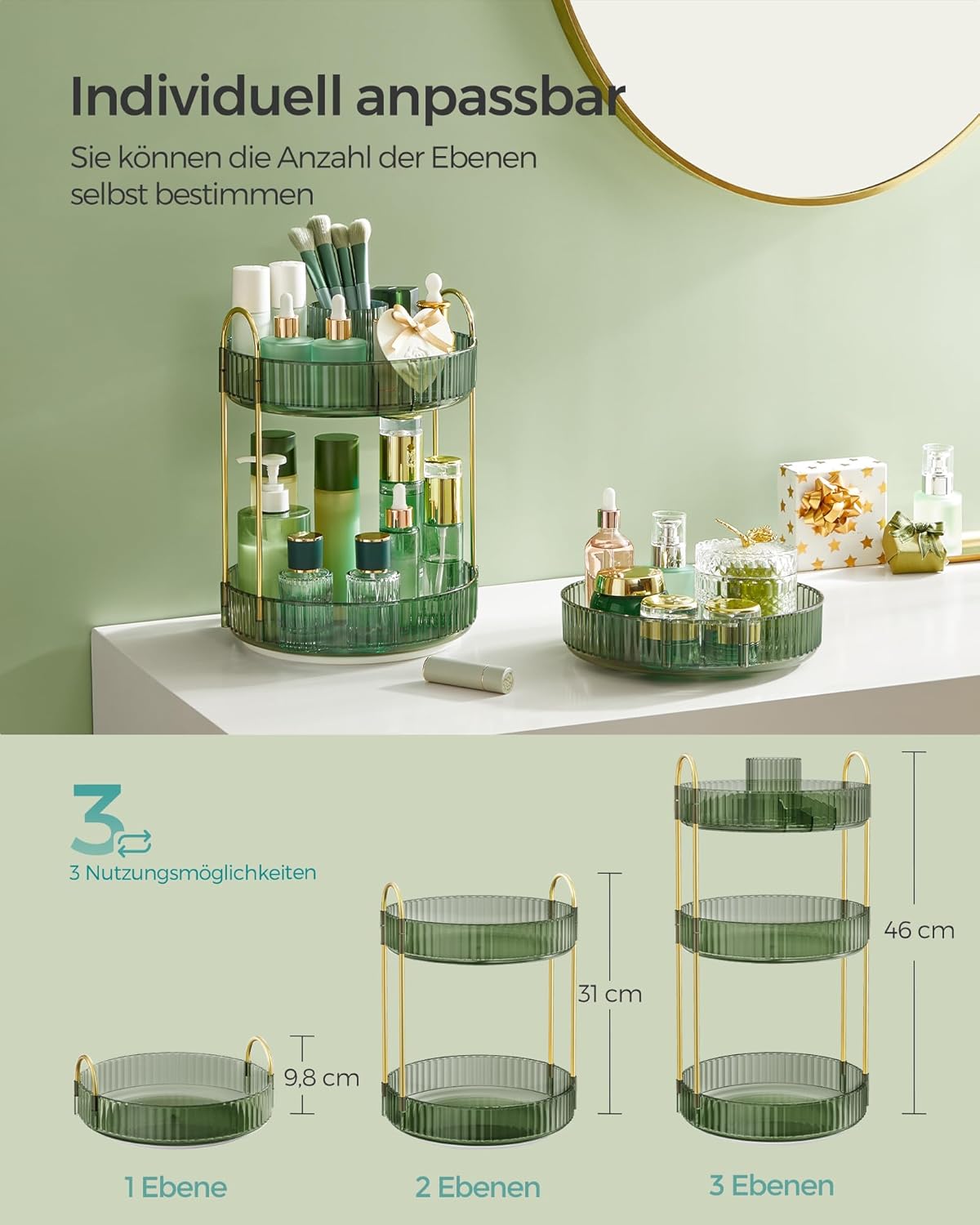 Drehbarer Make-up-Organizer, Hellgrün 3 Ebenen (46H cm)