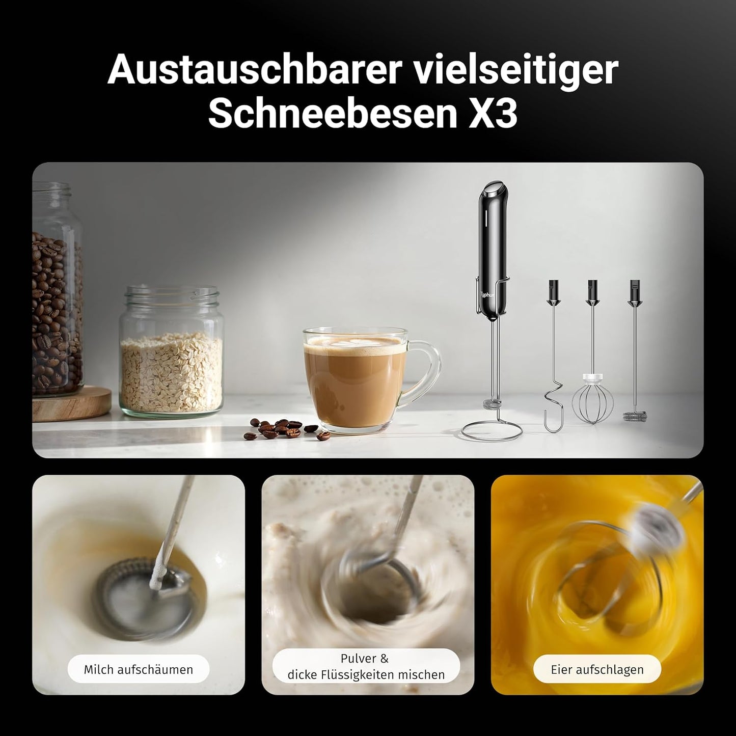 InstaWhisk Elektrischer Milchaufschäumer mit USB-C, Schwarz