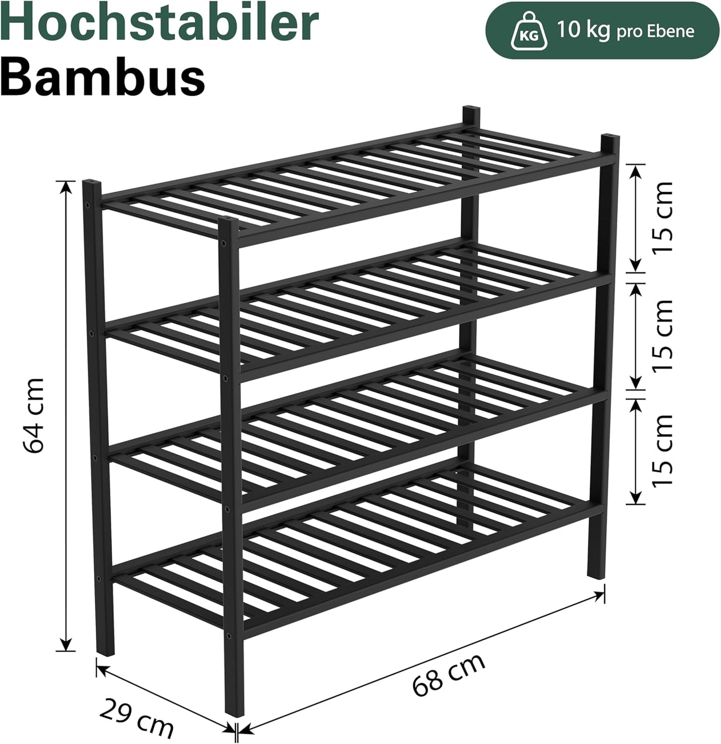 Schuhregal aus Bambus, 4-Ebenen stapelbar, 4 Ebenen Schwarz