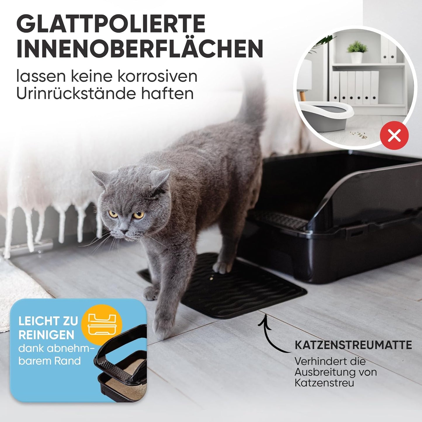 Katzentoilette mit hohem Rand, Schaufel und Streumatte, offen schwarz