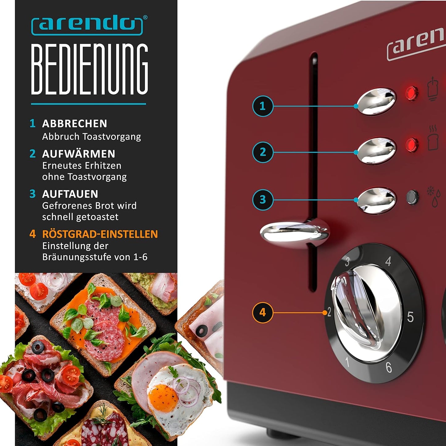 Automatik Toaster für 4 Scheiben mit Auftaufunktion, E: Rot