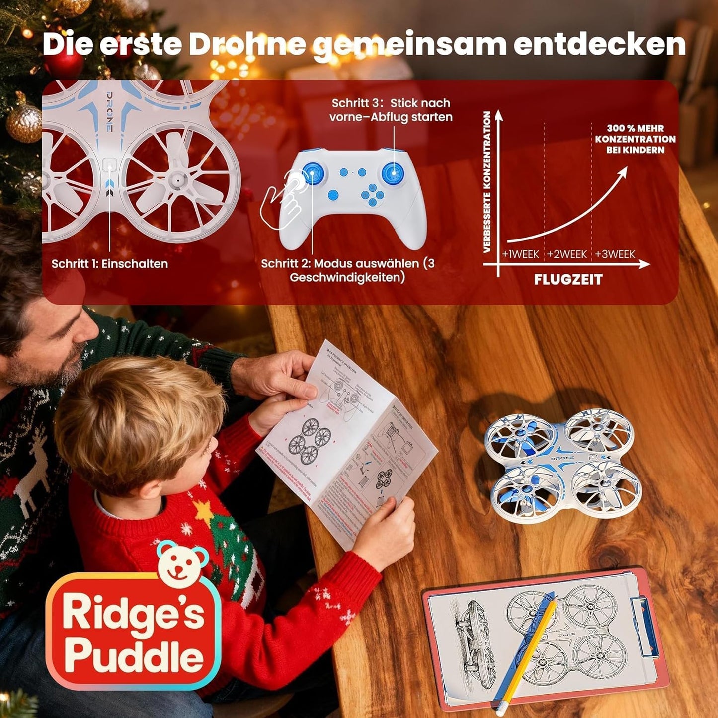 Mini Drohne für Kinder mit LED Lichtern, Mit 2 Akkus Weiß