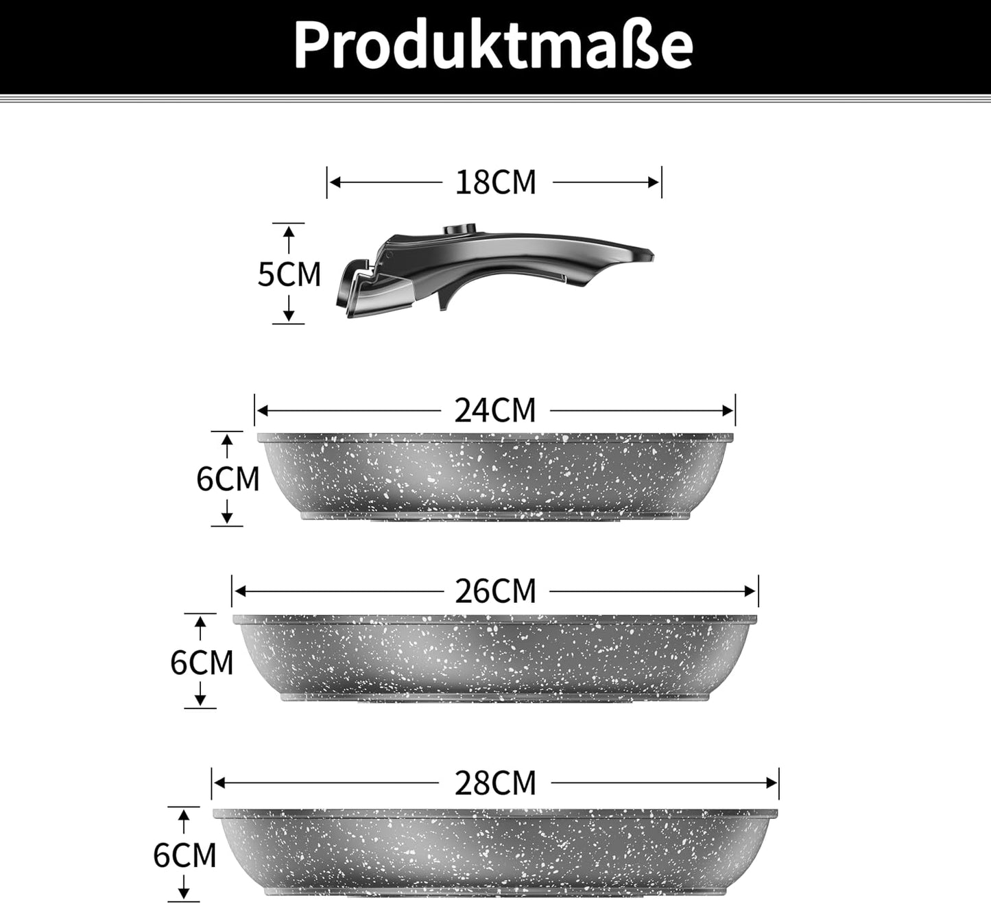 4-teiliges Pfannenset mit abnehmbaren Griffen, Tiefschwarz