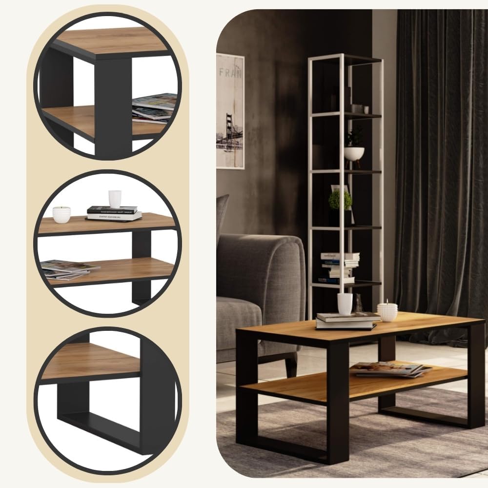 Minimalistischer Couchtisch mit Ablage, Handwerkliche Eiche Schwarz