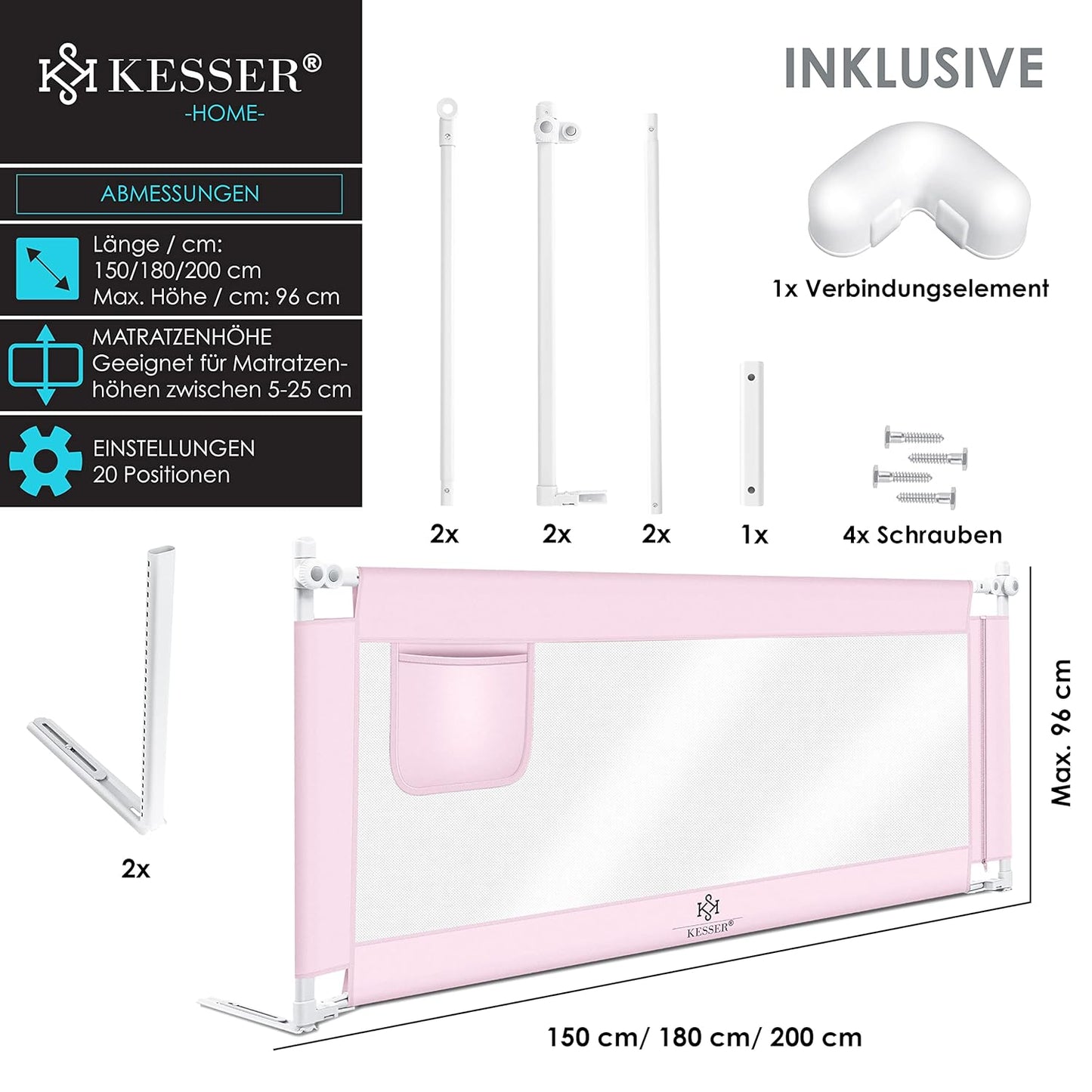 Bettschutzgitter für Kinder, 180cm Rosa
