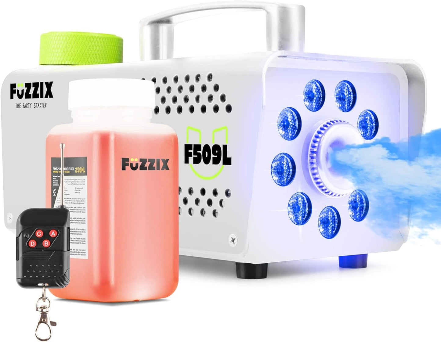Mini Nebelmaschine F509LW mit LED-Effekt und Fernbedienung, Weiß + 9 LED Nebelmaschine + 0,25L