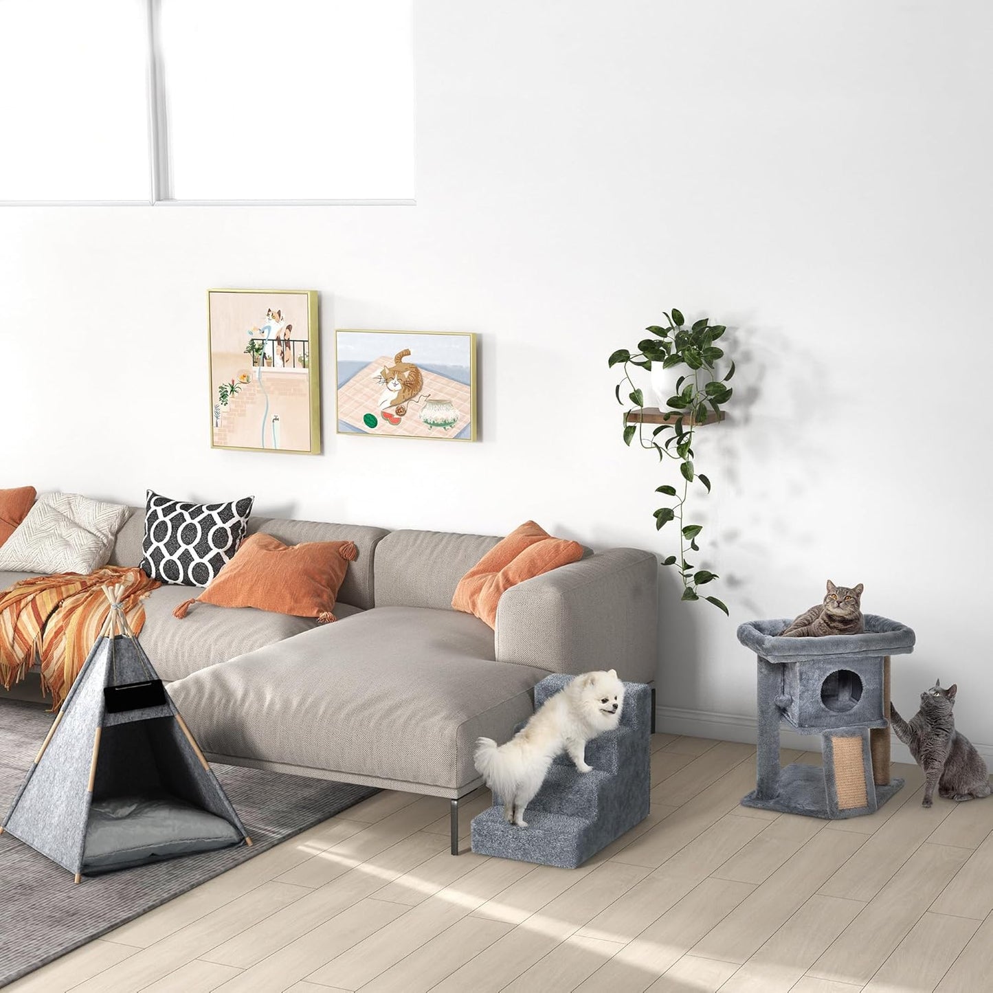Haustiertreppe mit abnehmbarem Bezug, Hellgrau 60L x 35B x 44H cm