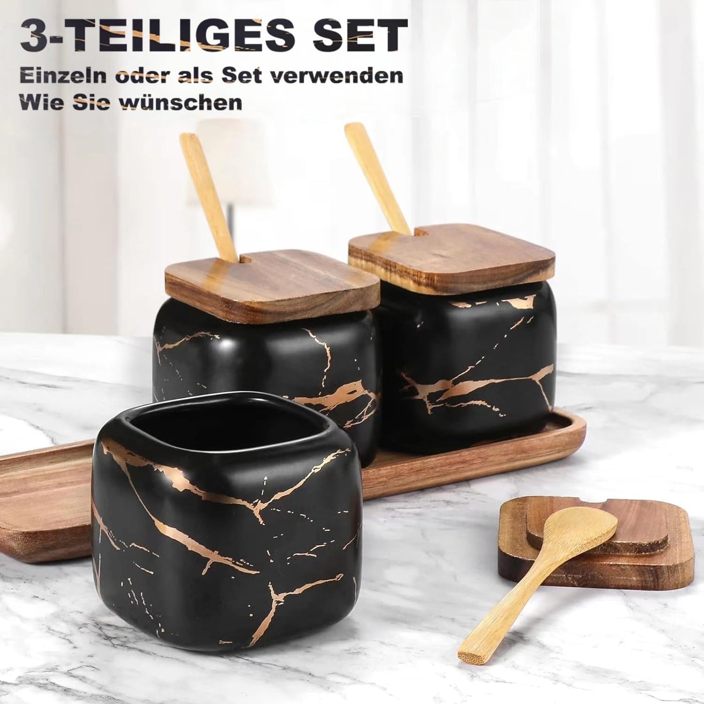 3-teiliges Zuckerdosen-Set mit Löffeln, Schwarzes