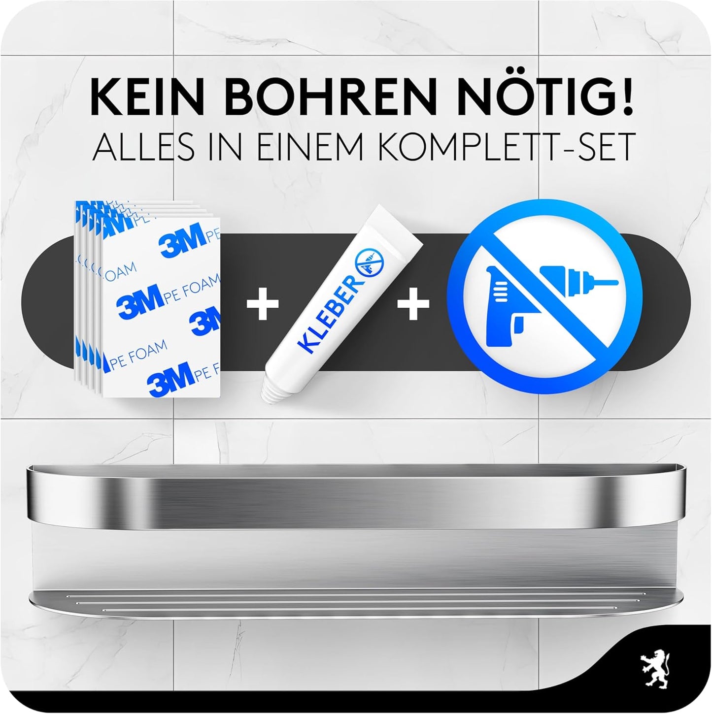 Duschablage ohne Bohren (XXL, 38cm, Edelstahl), ARCOS 38