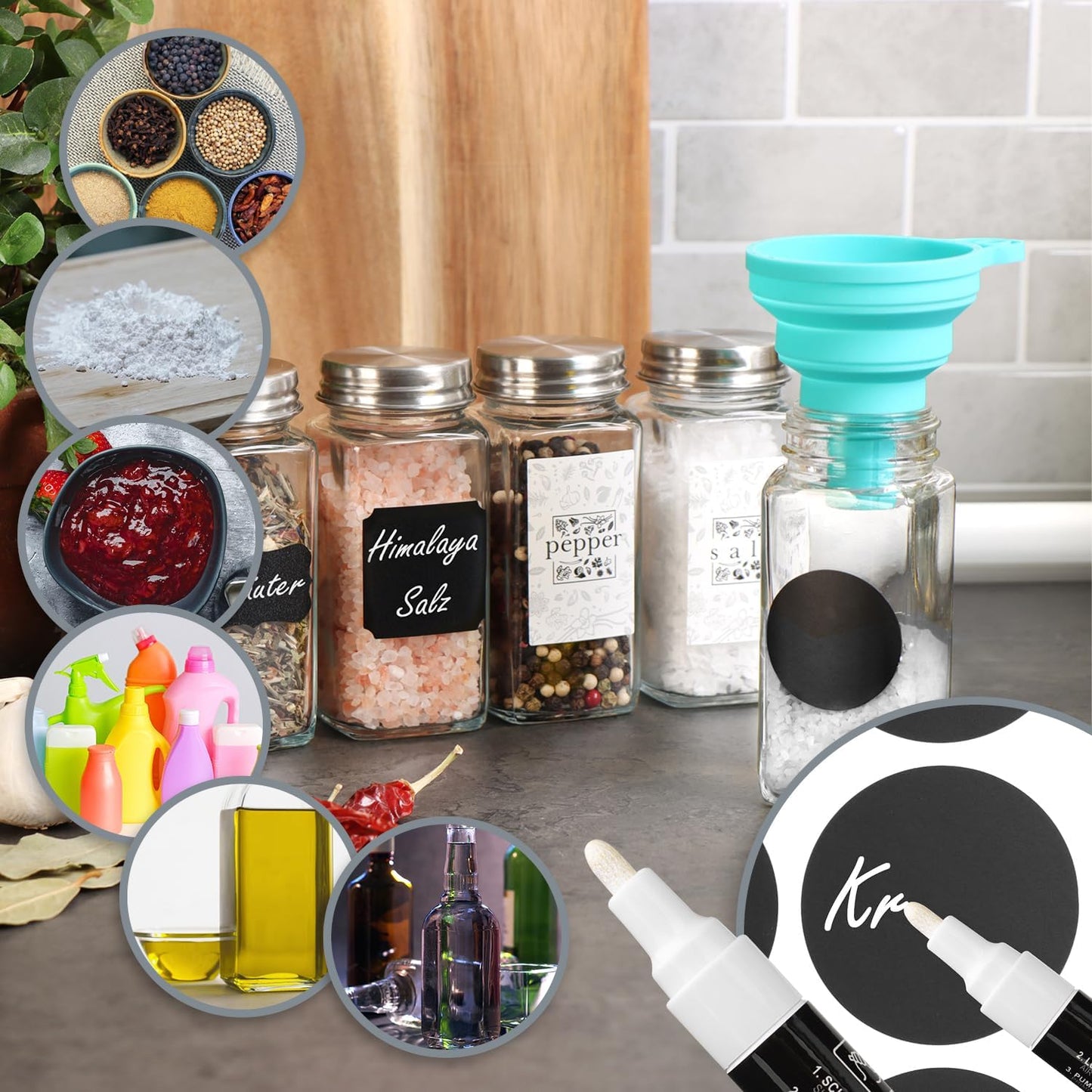 Gewürzgläser-Set mit Gewürzetiketten, 24 Stück Gläser mit Zubehör