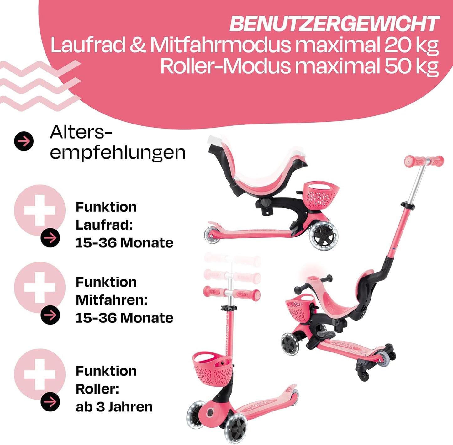 Go-Up Baby 360 Lights 3-in-1 Kinderfahrzeug, pink-pastellrosa