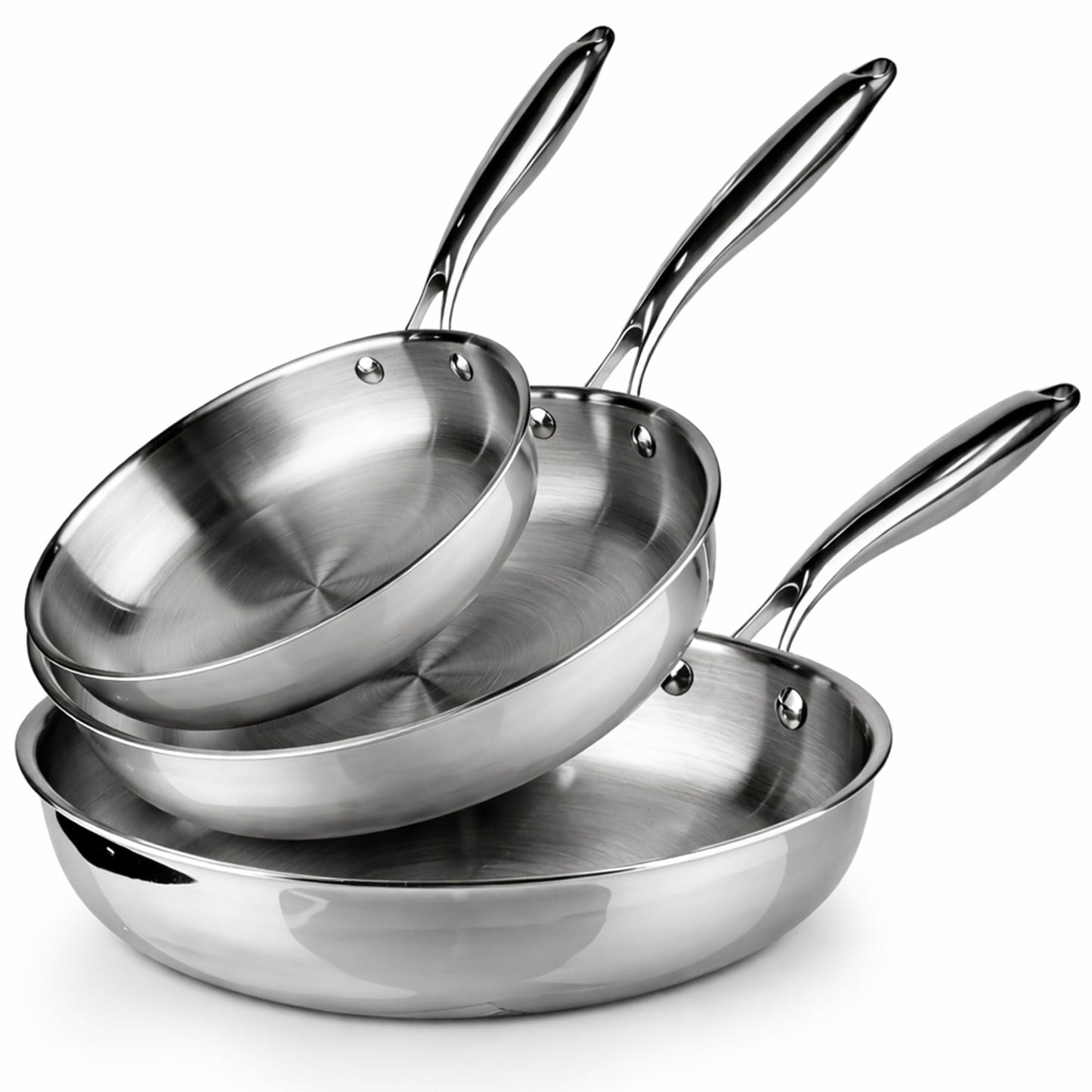 Pfannenset aus Edelstahl (3-teilig, induktionsgeeignet), Set mit 3 Pfannen