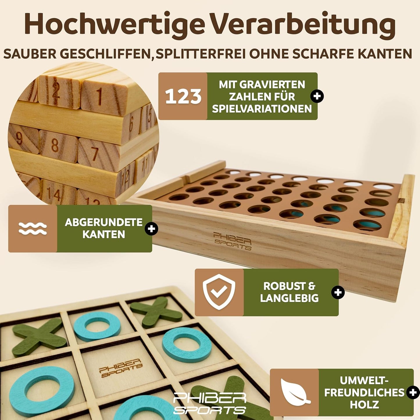 Holz Spielesammlung Wackelturm, Mikado, Tic Tac Toe
