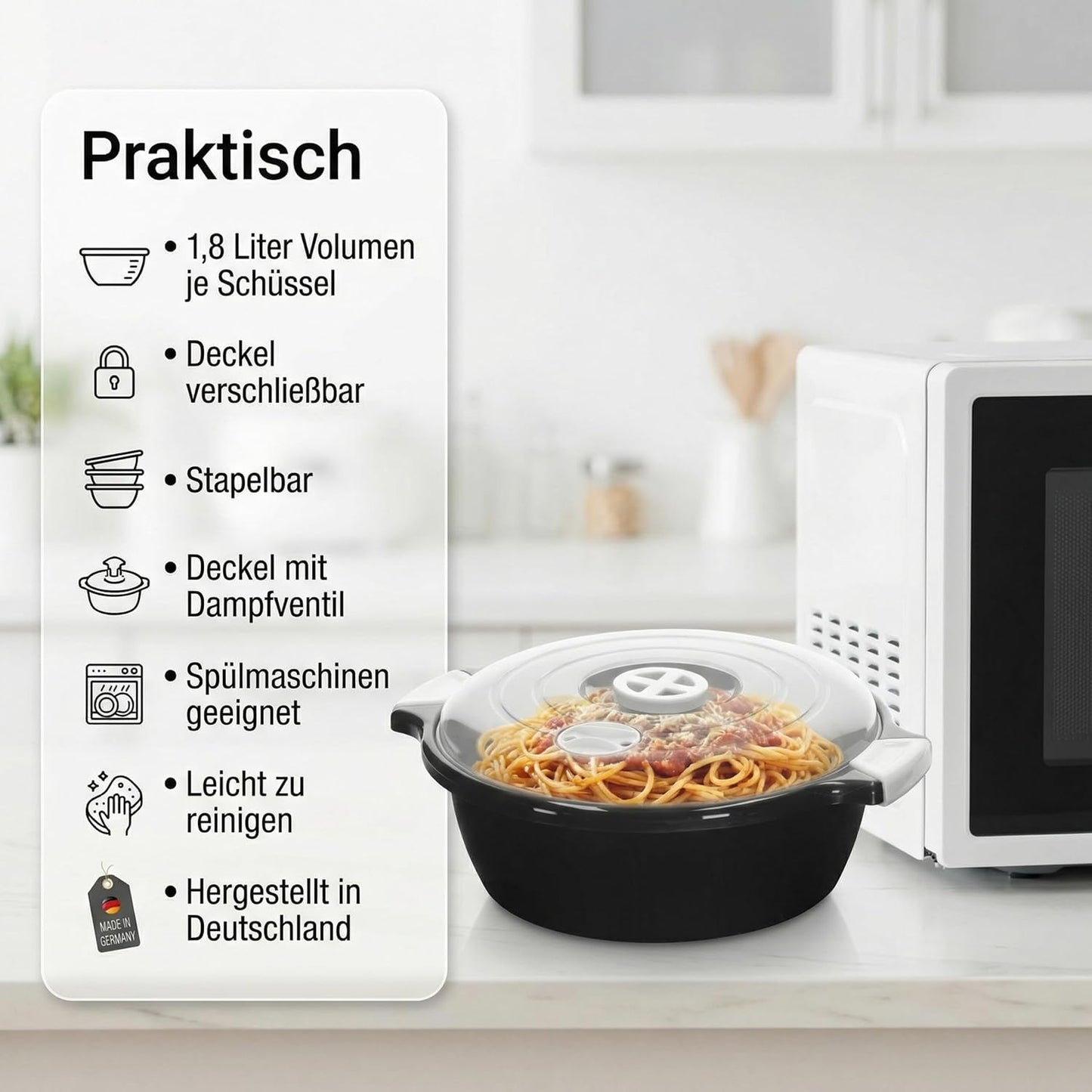 2-teiliges Mikrowellenschüssel-Set mit Dampfventil, Schwarz
