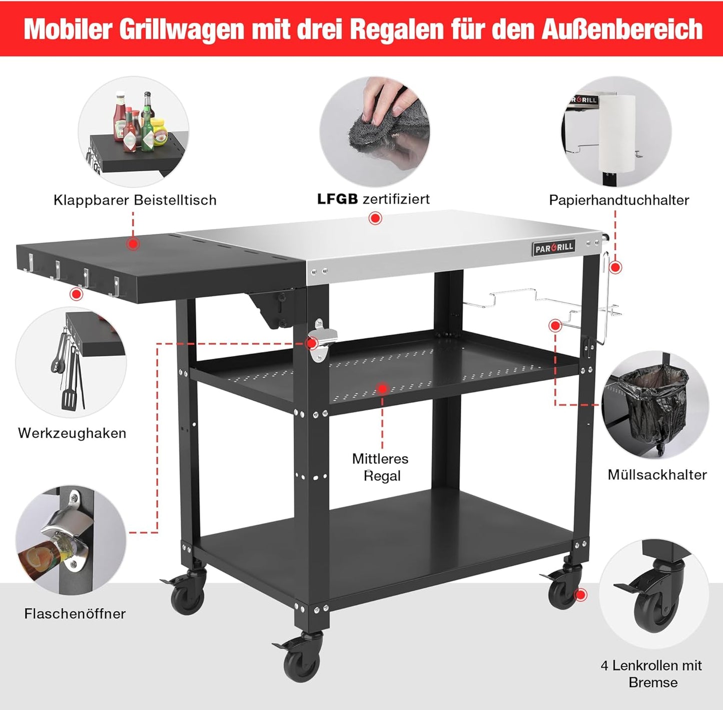 Grillwagen mit klappbarem Beistelltisch und Rollen
