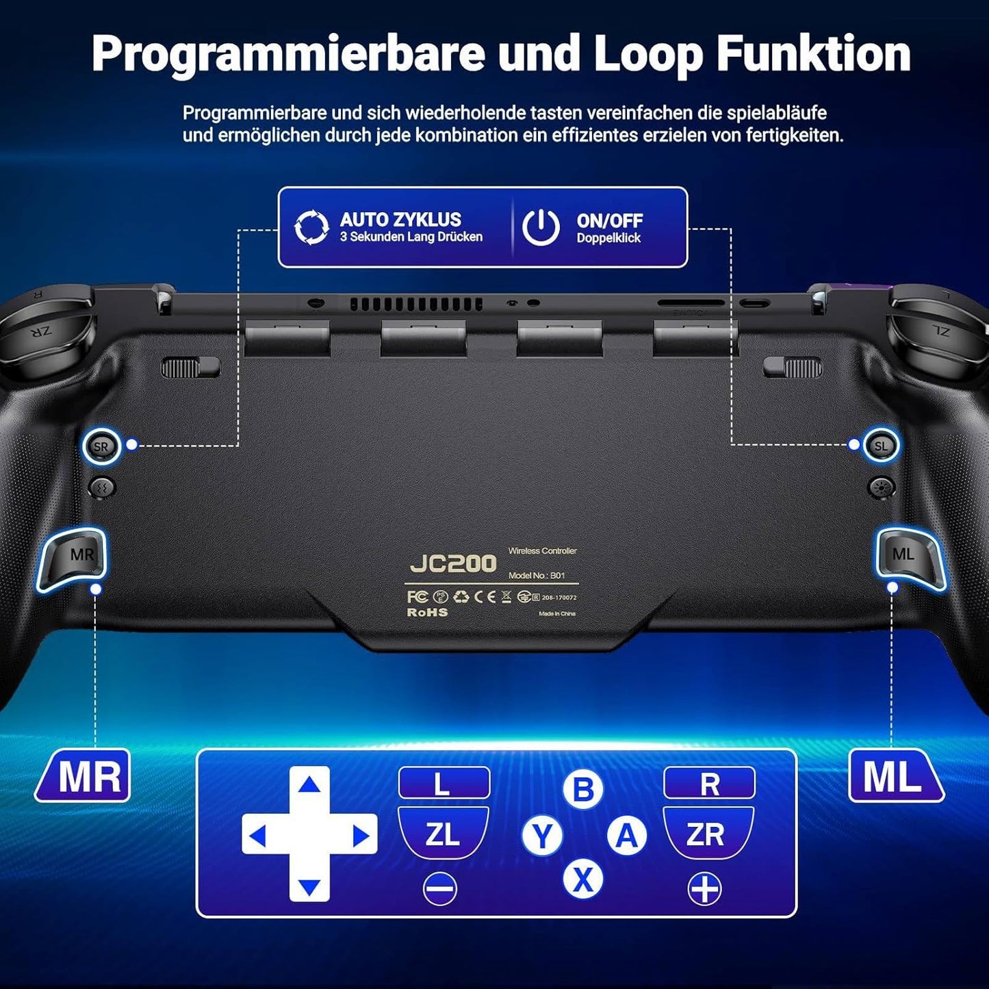 Bluetooth-Controller für Switch mit RGB und Makro-Funktion, Schwarz Flammen Muster