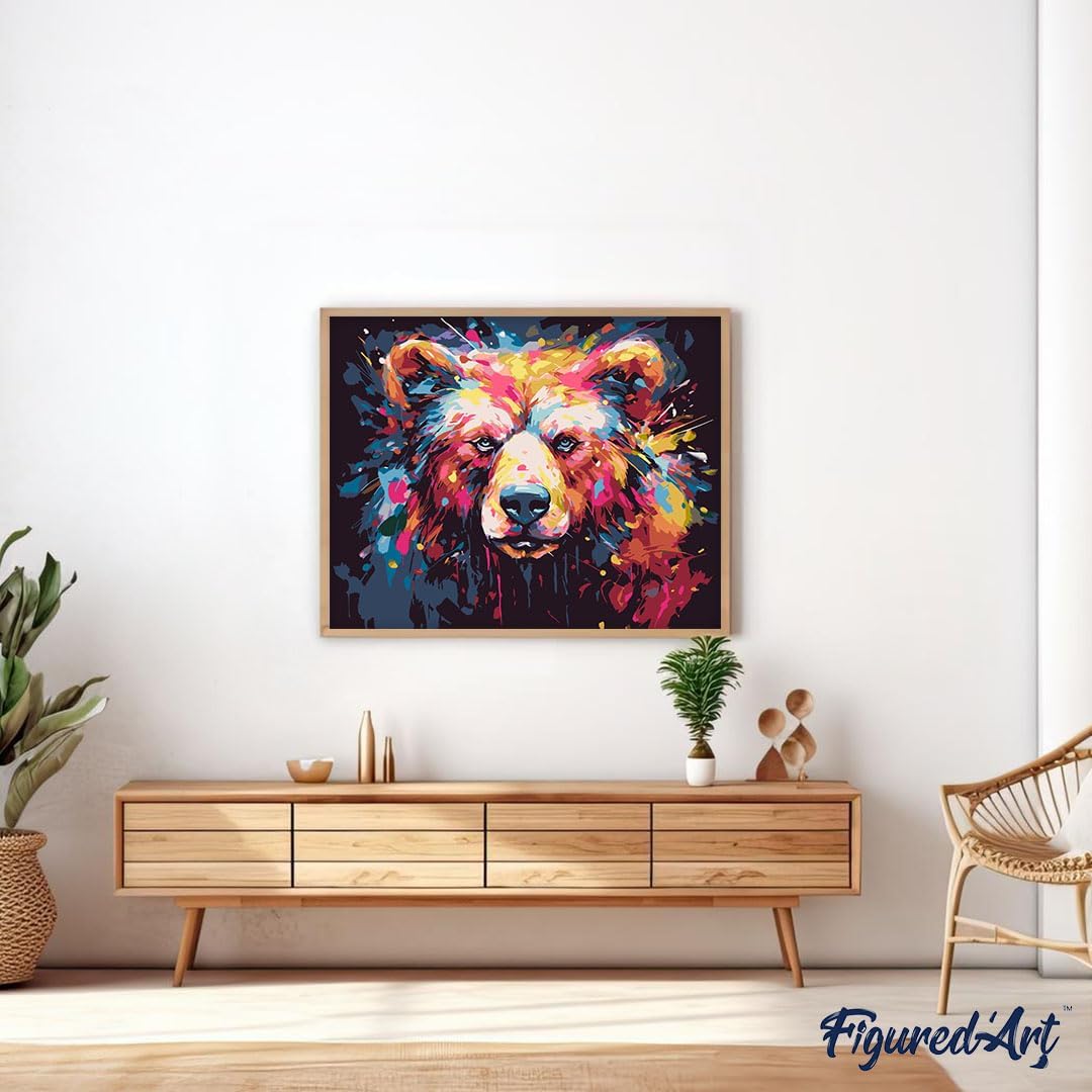 Malen nach Zahlen Set Bär, Bär Farbenfroh Abstrakt 40x50cm Mit Keilrahmen (nicht gespannt)