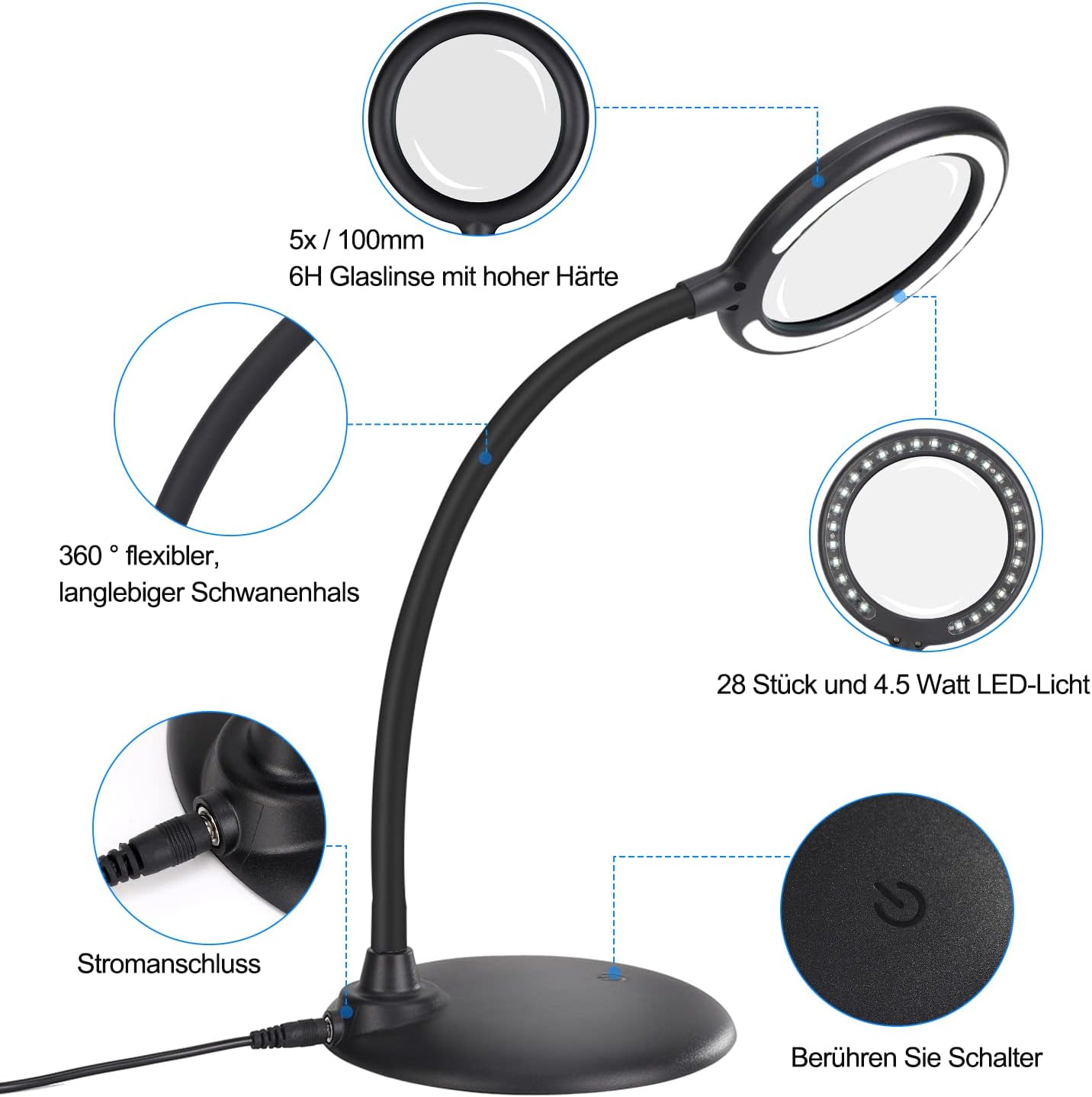 Wiederaufladbare 5-fache Vergrösserungs-Schreibtischlampe, Black-battery
