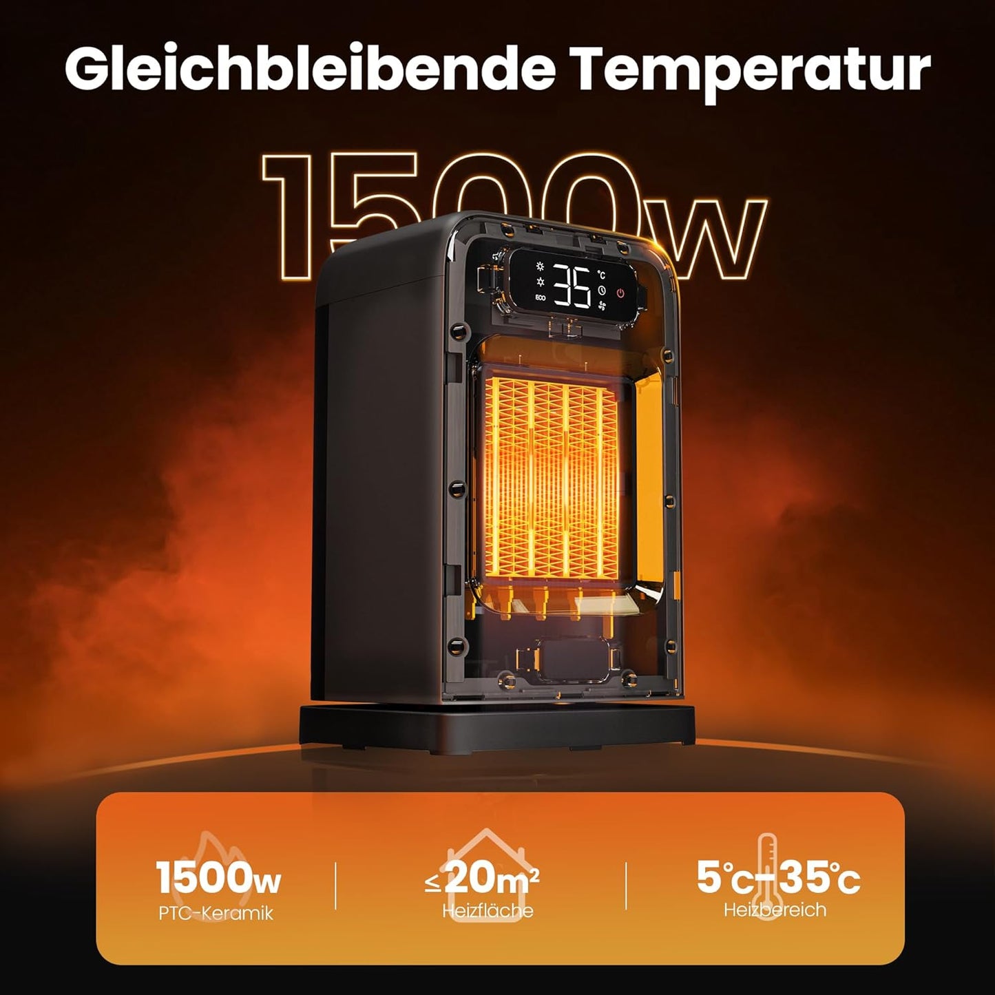 Keramik-Heizlüfter mit Thermostat, 26cm Schwarz