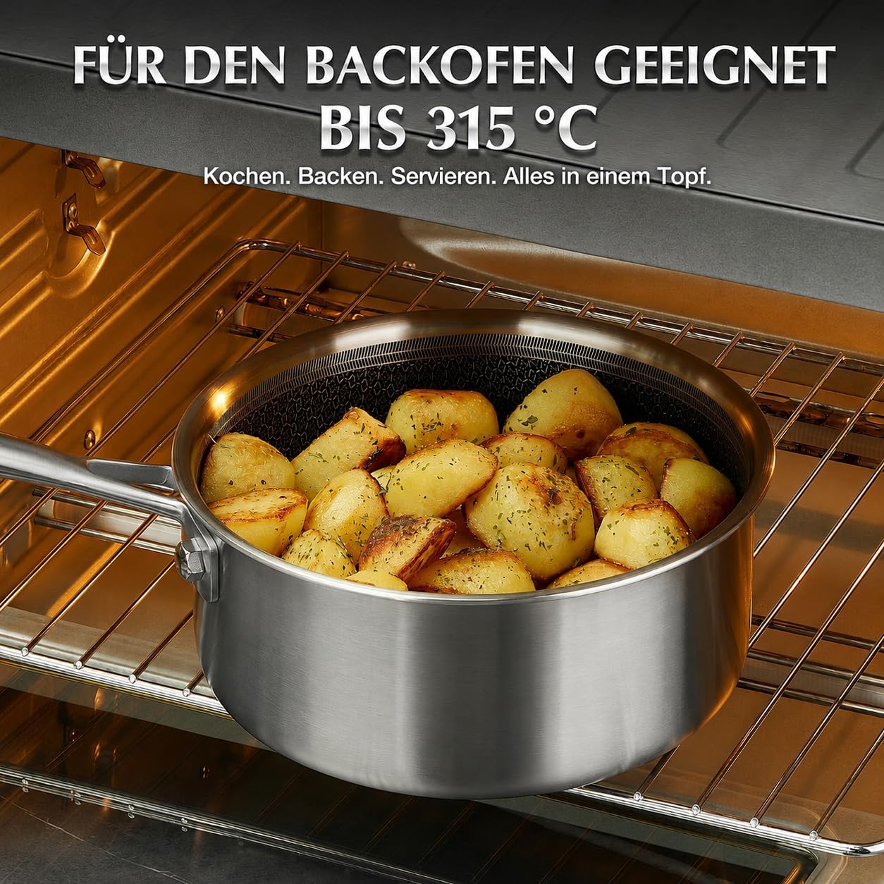 Edelstahl-Topfset mit Hybrid-Antihaftbeschichtung (6-teilig), 18cm+20cm+26cm