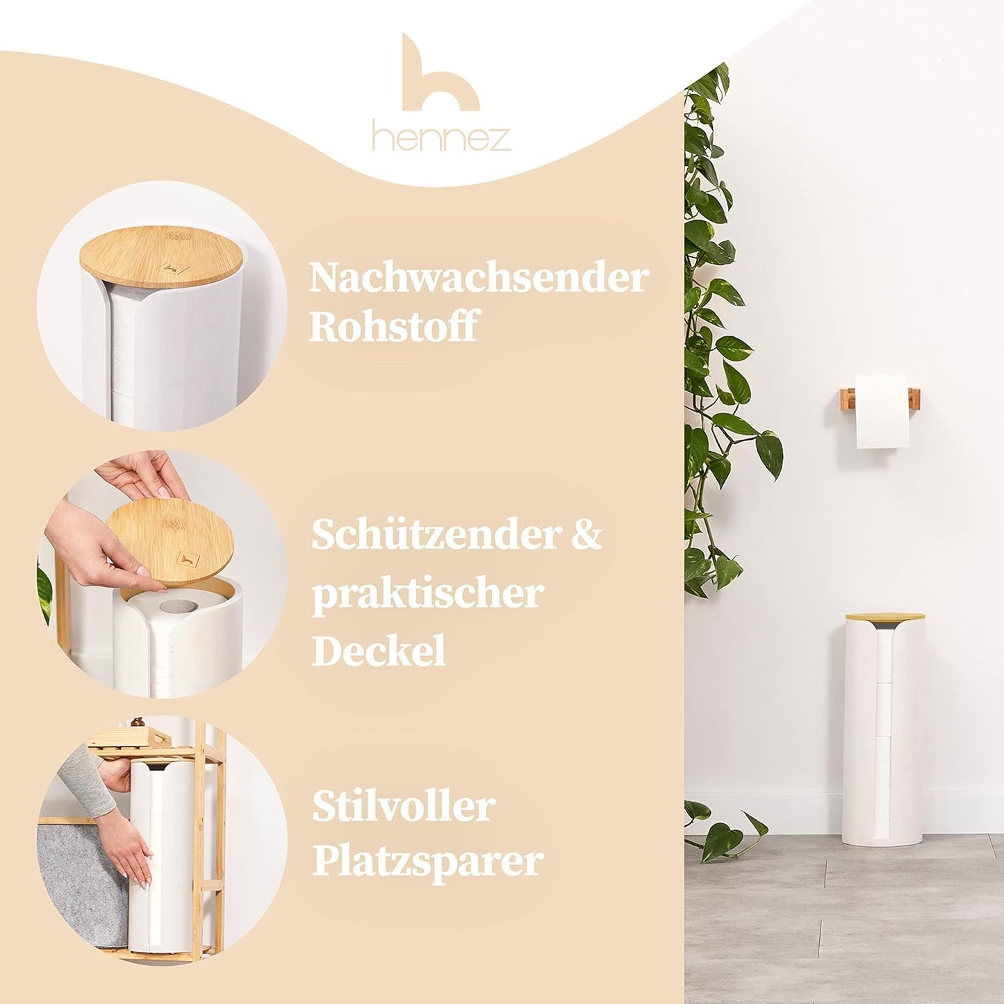Toilettenpapierhalter aus Bambus, Weiss Toilettenpapieraufbewahrung 4 Rollen