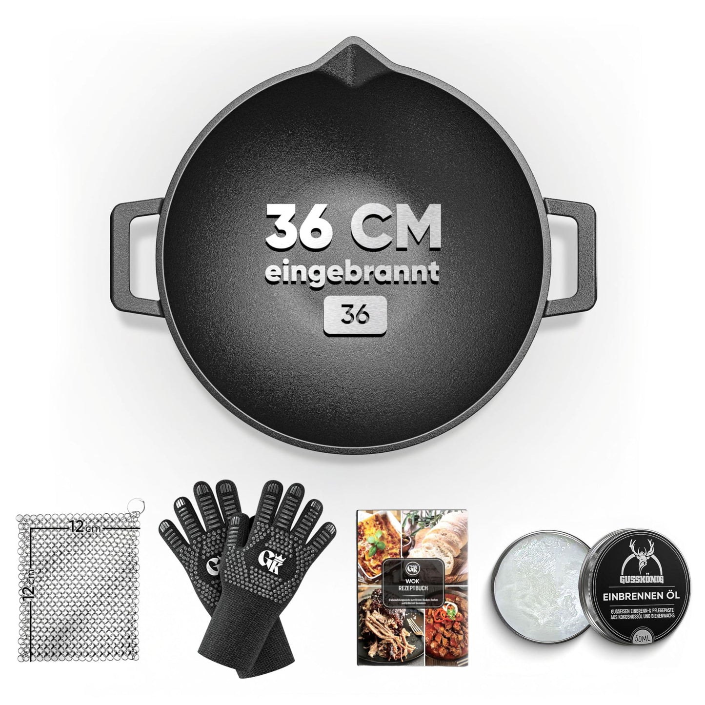 Gusseisen Wokpfanne mit Zubehör, Wok Pfanne mit Pflegepaste 36cm