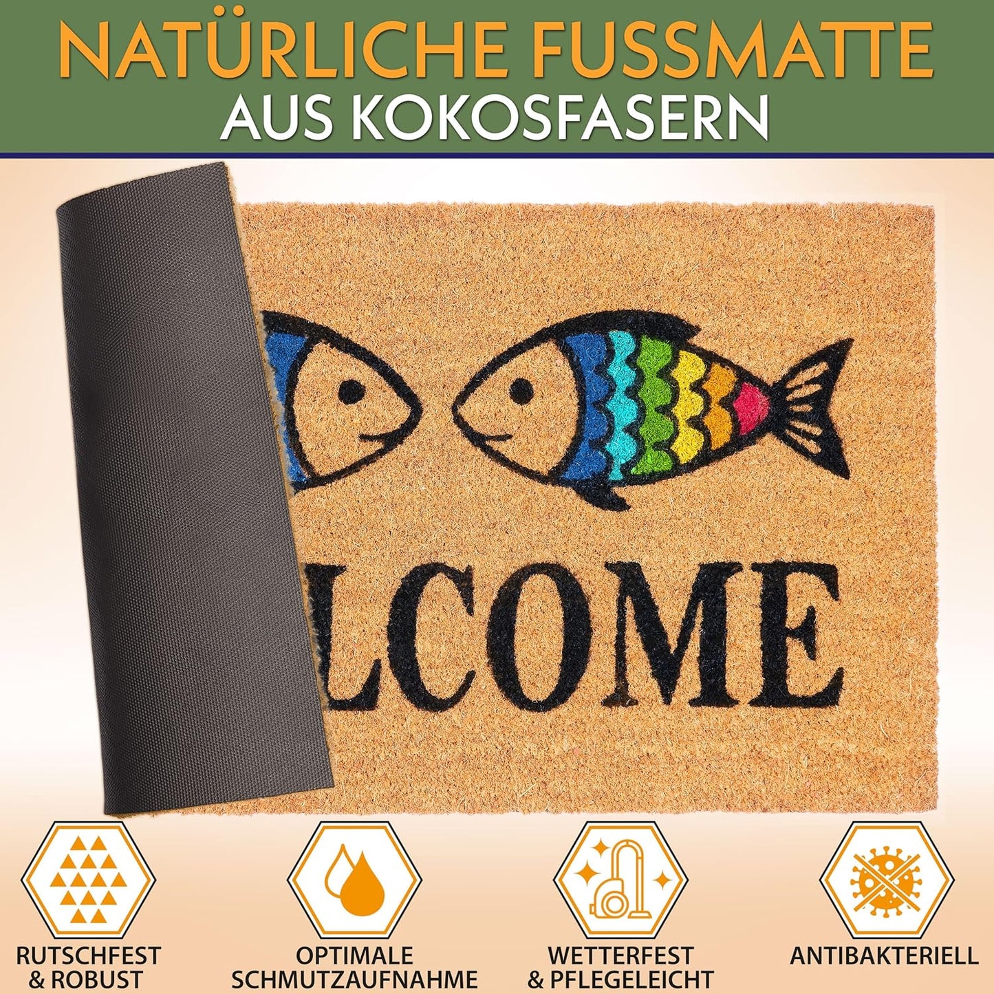 Antirutsch Fussmatte, Welcome - Regenbogen Fische