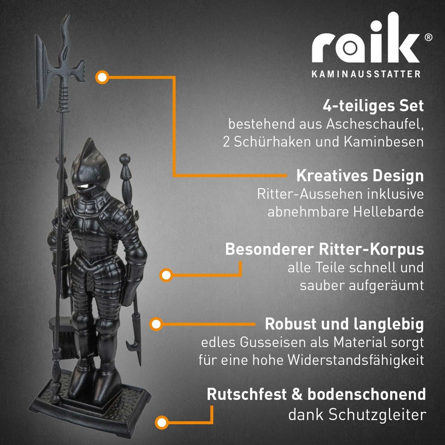 4-teiliges Kaminbesteck-Set in Ritter-Design, Kaminbesteck Schwarz