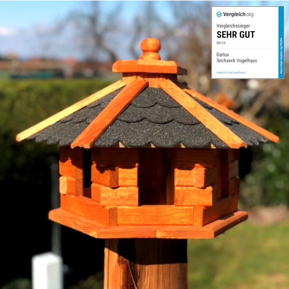 Handgefertigtes Sechseck-Vogelhaus aus Holz (Grösse M), Größe M ohne Ständer Schwarz - Braun