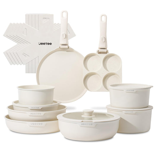20-teiliges Antihaft-Topf- & Pfannenset mit abnehmbaren Griff, Beige 20 PCS