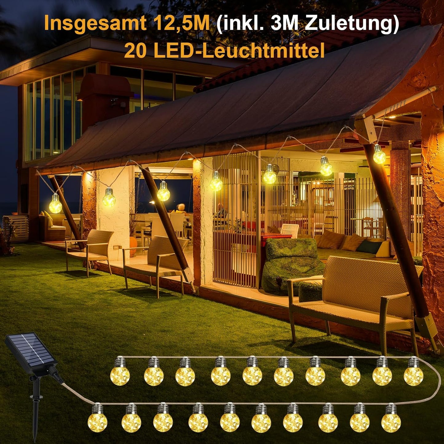 Solar Lichterkette mit 20 G40 Glühbirnen, 12,5M G40