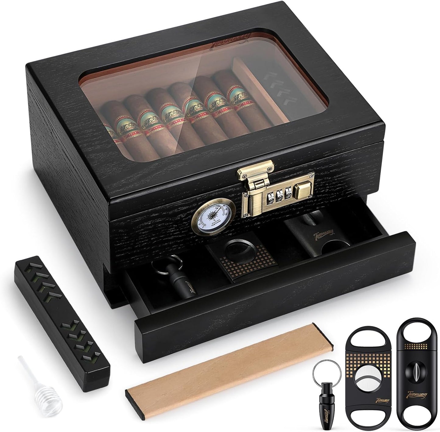 Zigarren-Humidor mit Glasdeckel und Zubehörschublade
