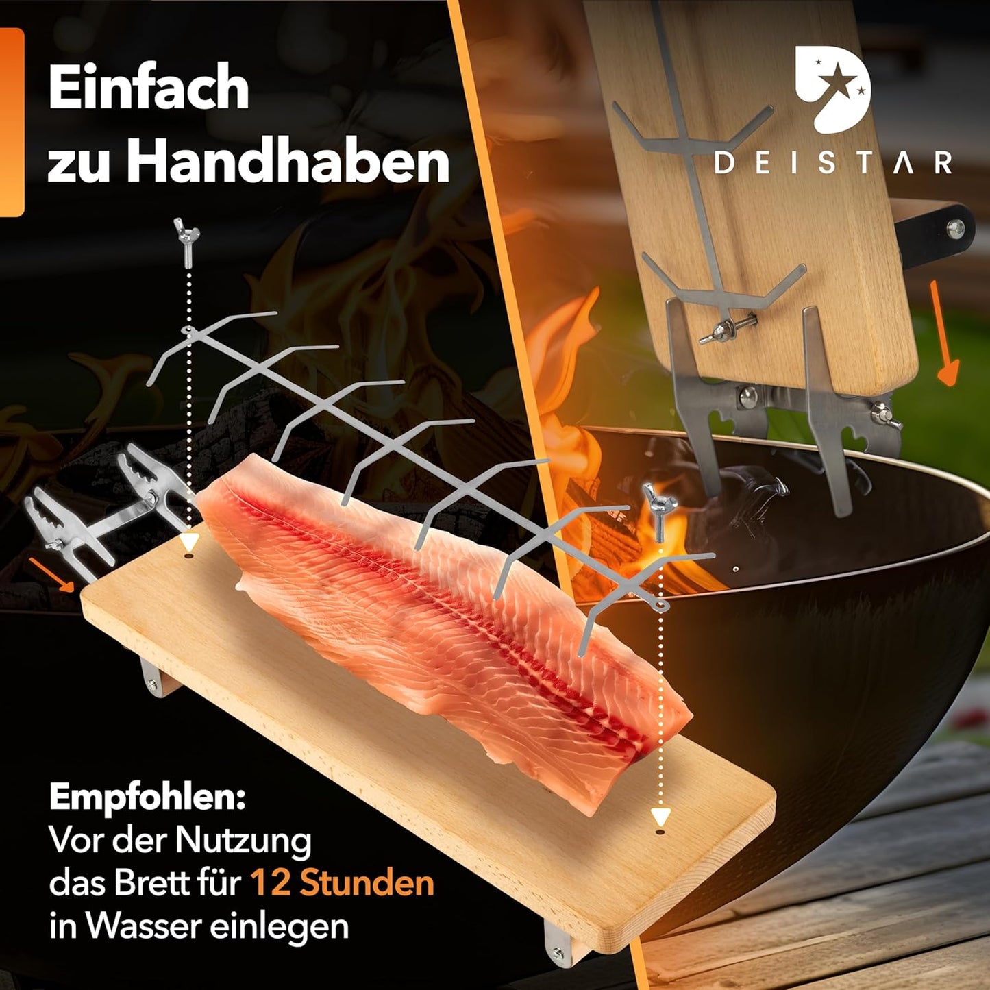 Flammlachsbrett mit Edelstahlhalterung