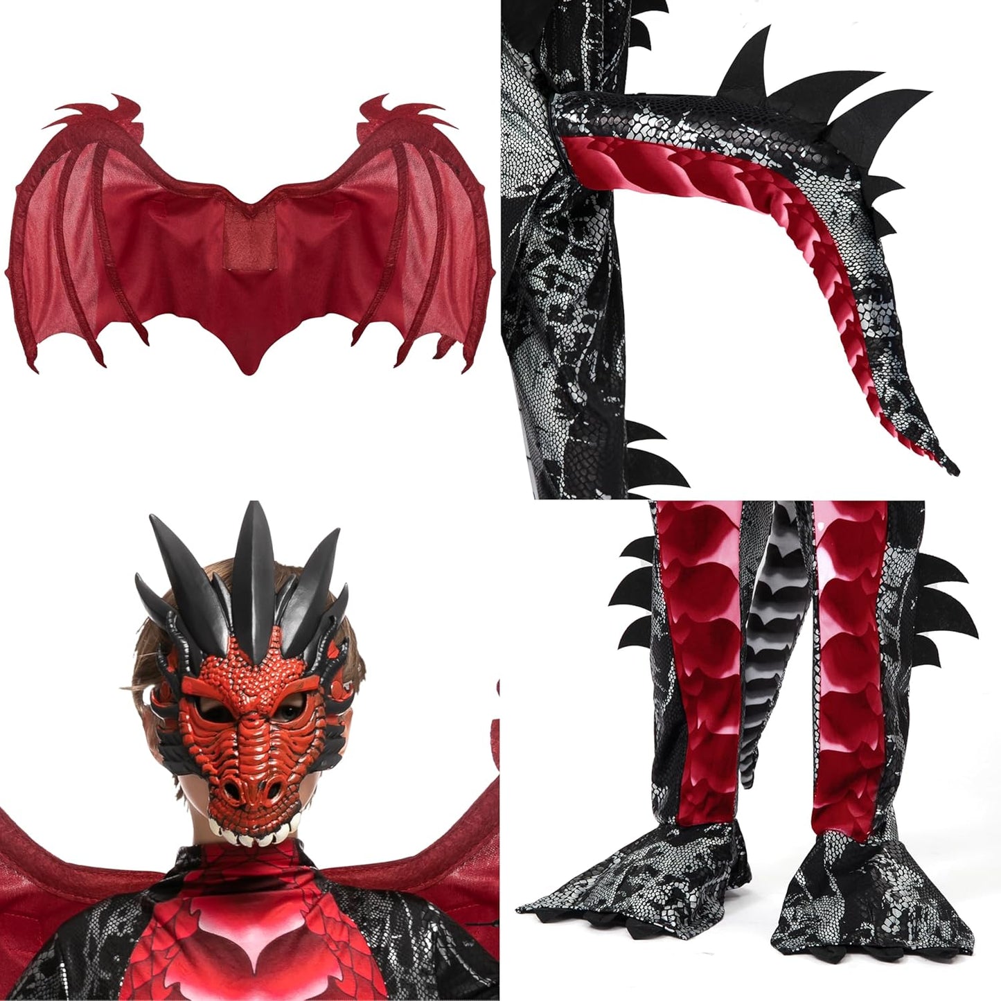 Drachenkostüm mit Flügel und Maske für Kinder, Medium (8-10 yrs) Rot