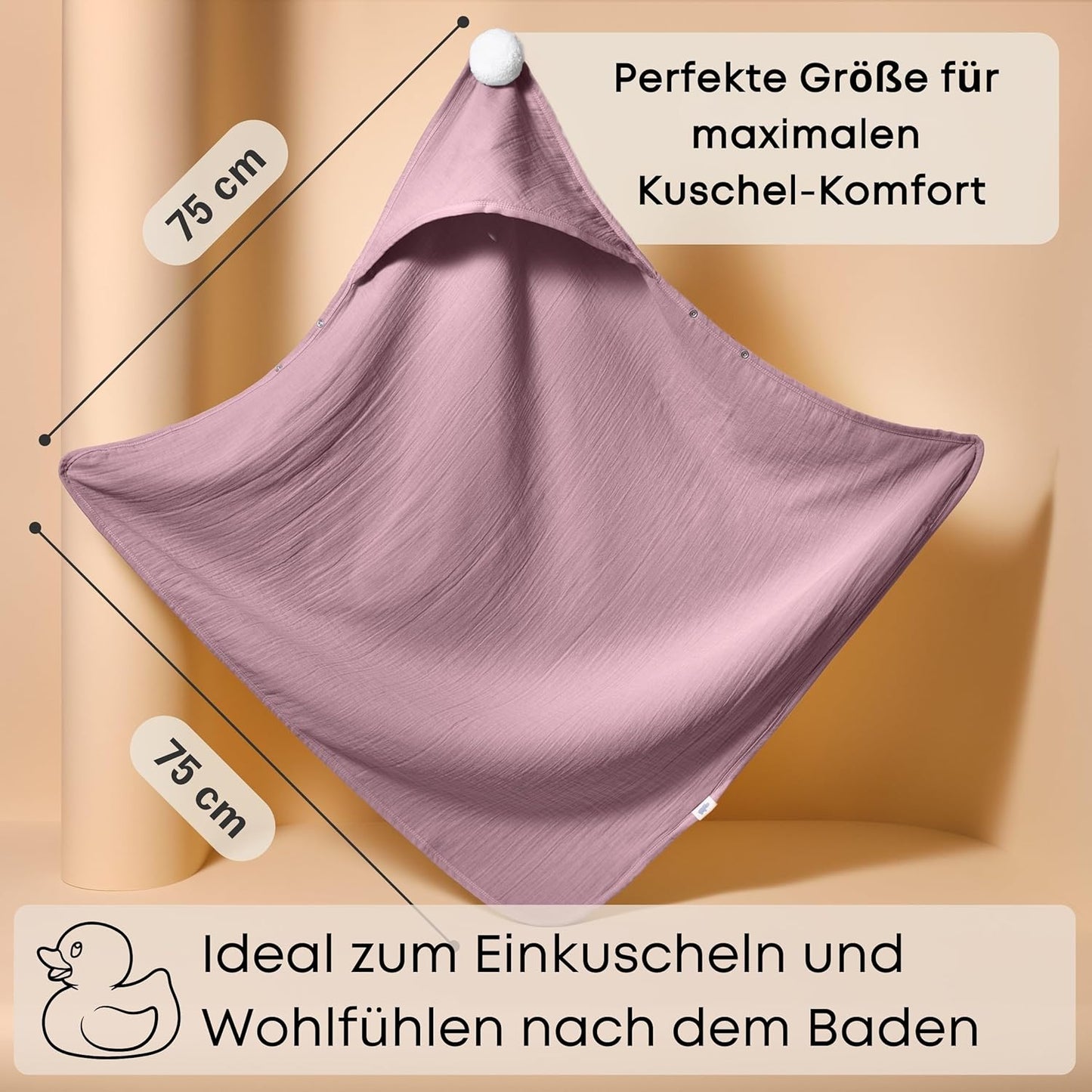 Baby Kapuzenhandtuch mit Anti-Rutsch-Knöpfen, 75x75 cm, Dusty Rose