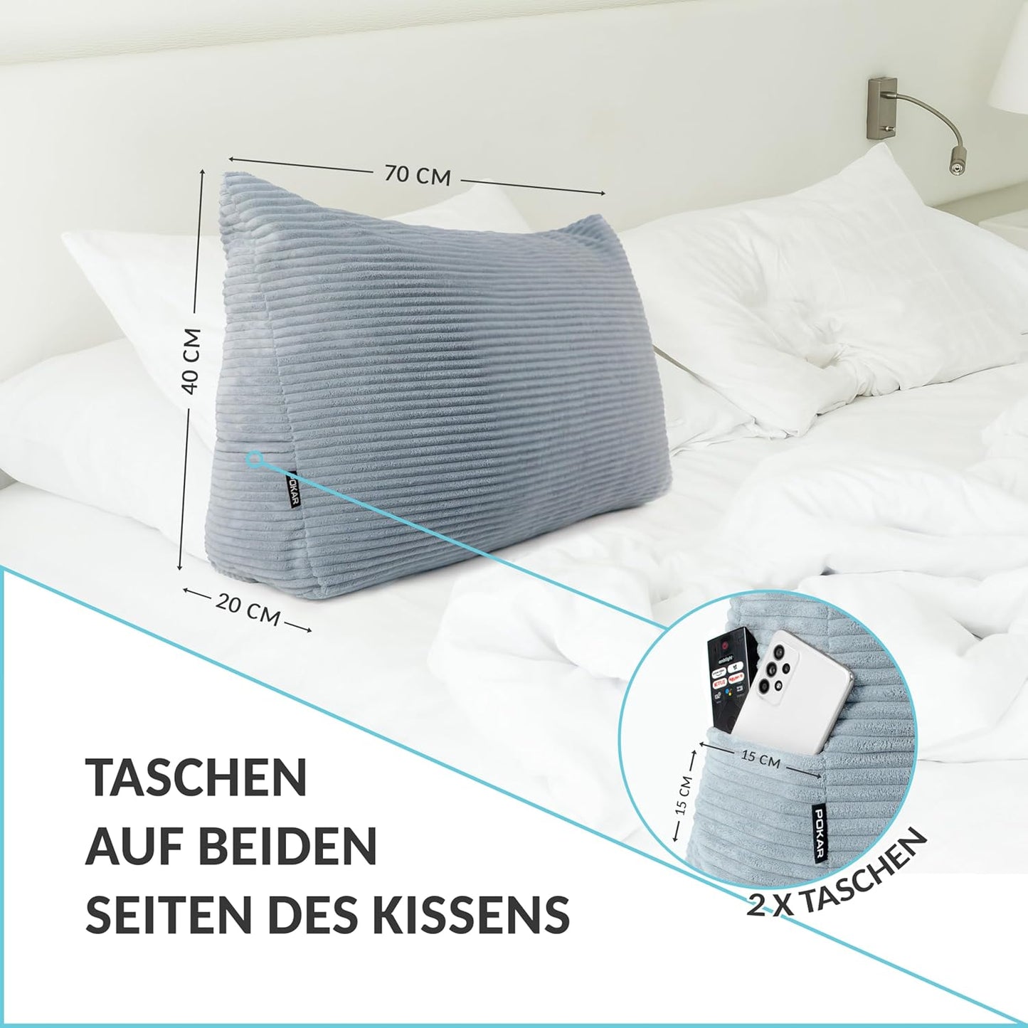 Rückenkissen Keilkissen mit Seitentaschen, 70x40 Elfenbein
