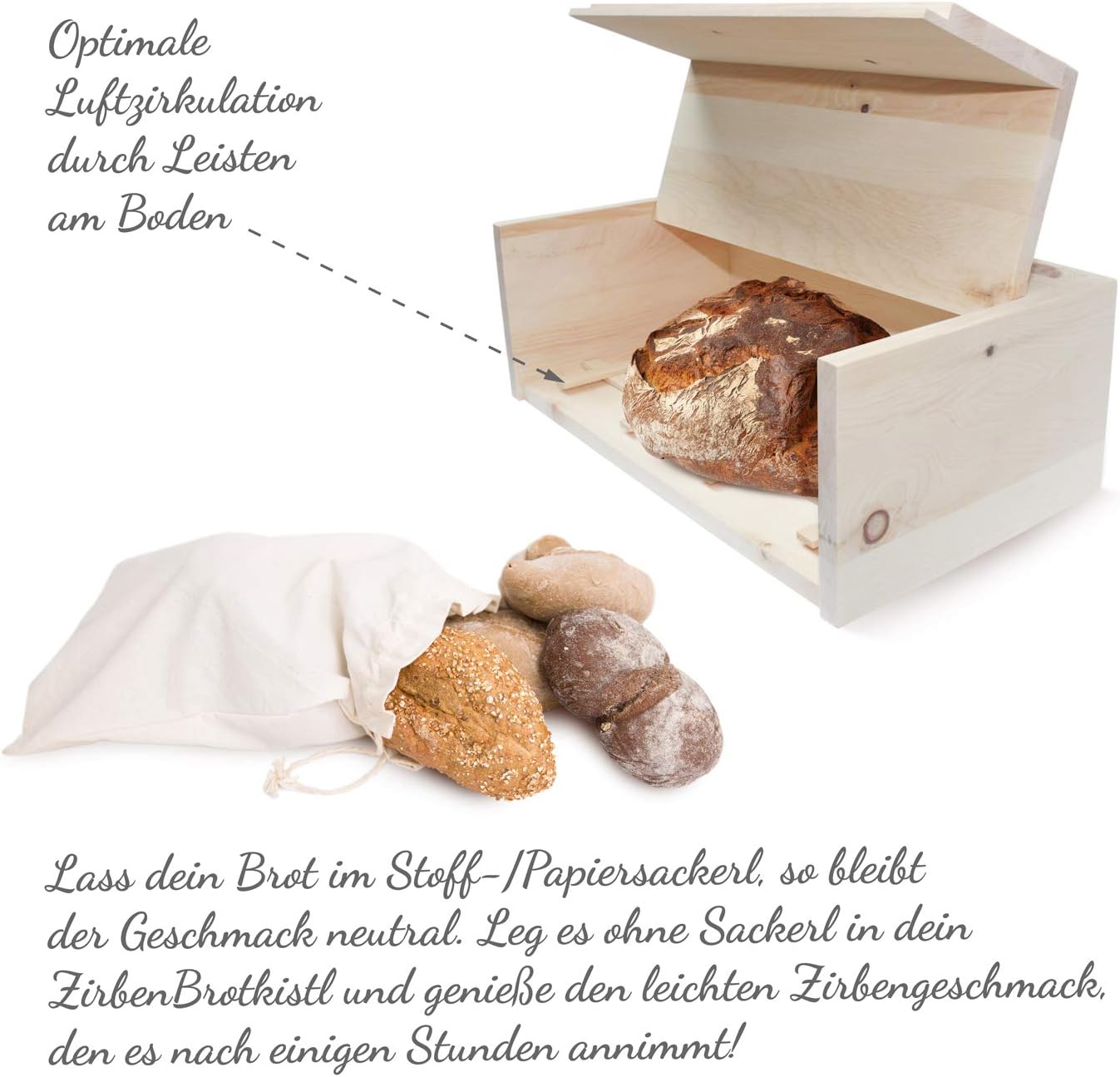 Brotkasten aus duftendem Zirbenholz (45x16x25 cm)