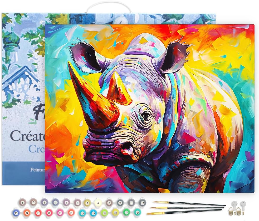 Malen nach Zahlen Set Nashorn Farbenfroh Abstrakt mit Rahmen, Nashorn Farbenfroh Abstrakt 40x50cm Mit Rahmen (bereits gespannt)