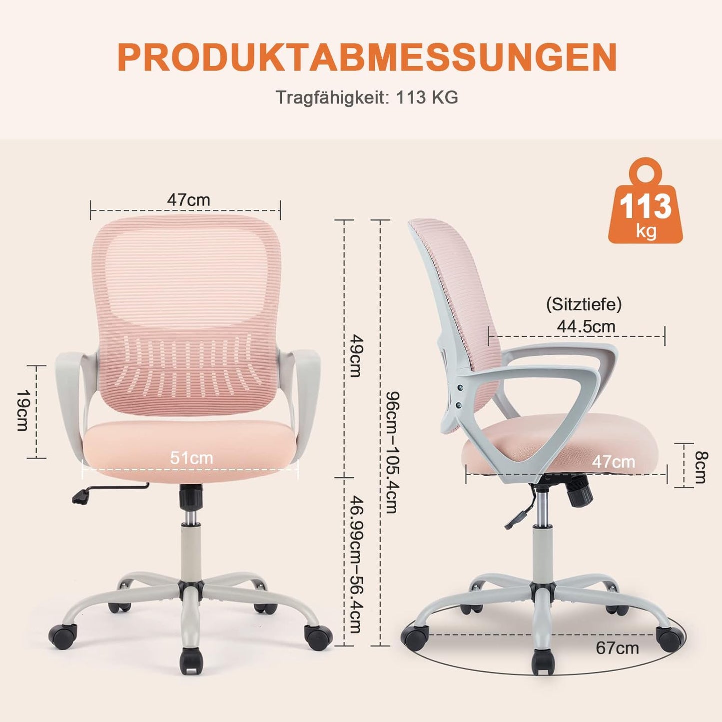 Ergonomischer Bürostuhl mit Lendenwirbelstütze, Rosa