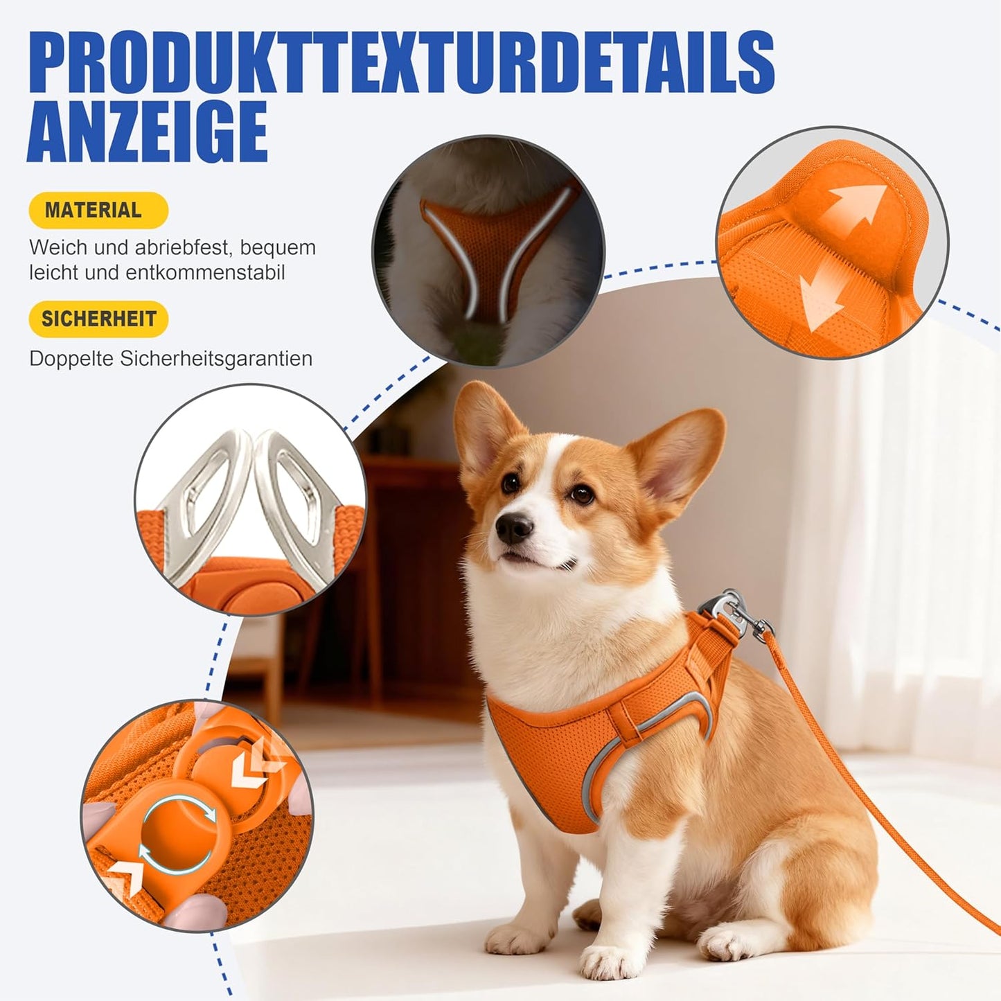 Reflektierendes Hunde- und Katzengeschirr-Set, Orange M（Halsu: 30-39cm, Brustu: 42-51cm）