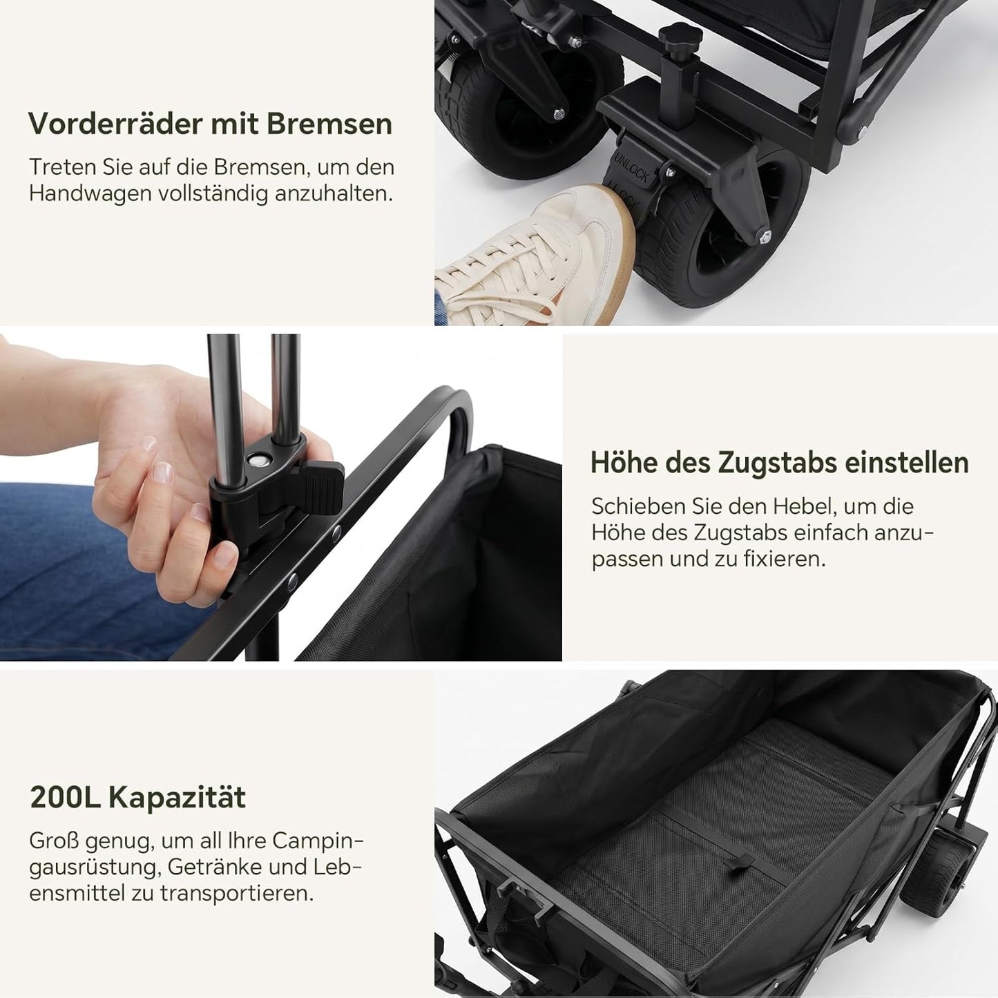 Faltbarer Bollerwagen mit 360° All-Terrain-Rädern