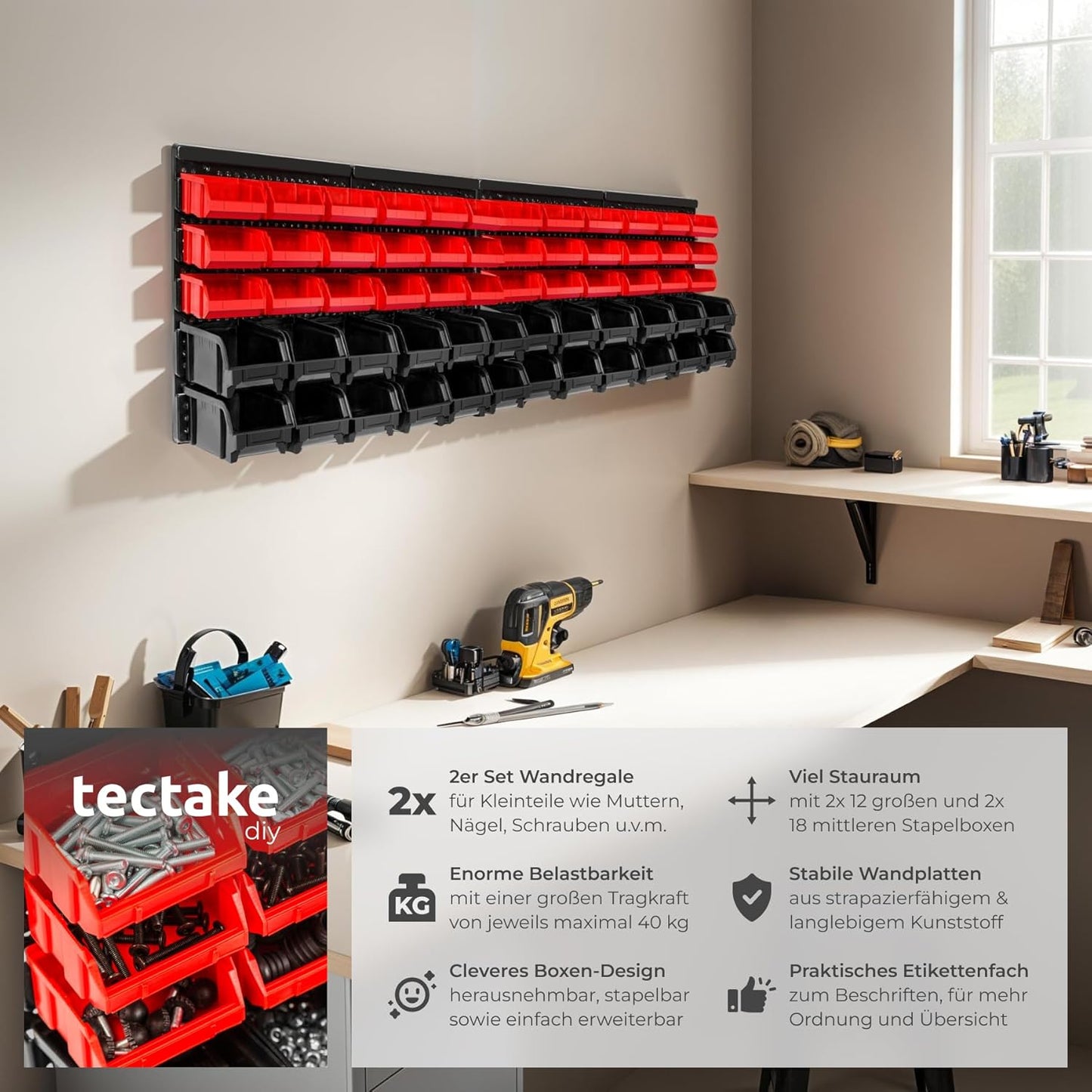 Werkstatt-Wandregal mit Stapelboxen, 64 x 38 x 17.5 cm | 2 Shelf Units, Rot, Schwarz