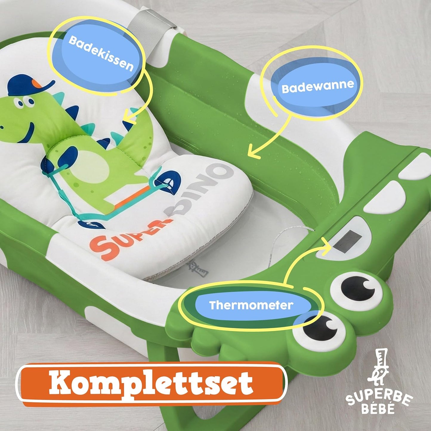 Faltbare Babywanne mit Badethermometer & Sitz, 2 x faltbar APFELGRÜN