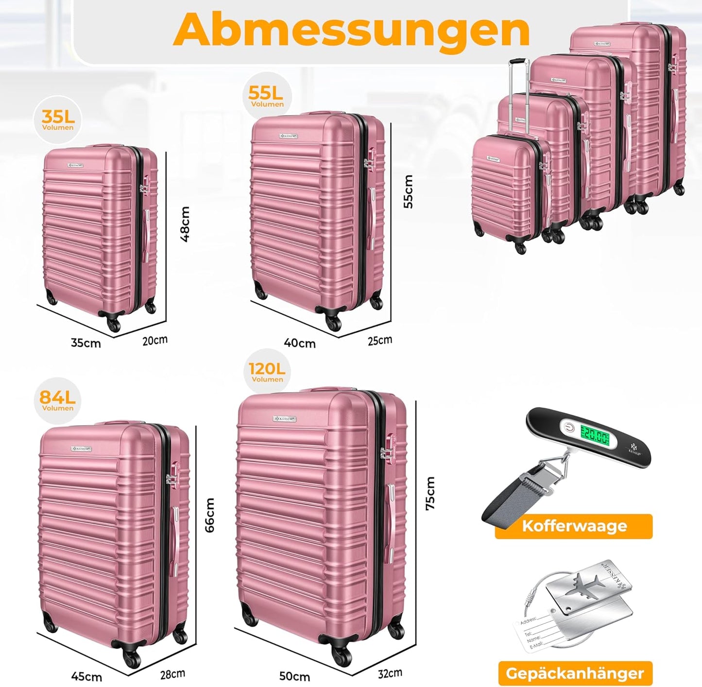 Hartschalenkofferset mit Trolley & Zubehör (4-teilig), Rosa