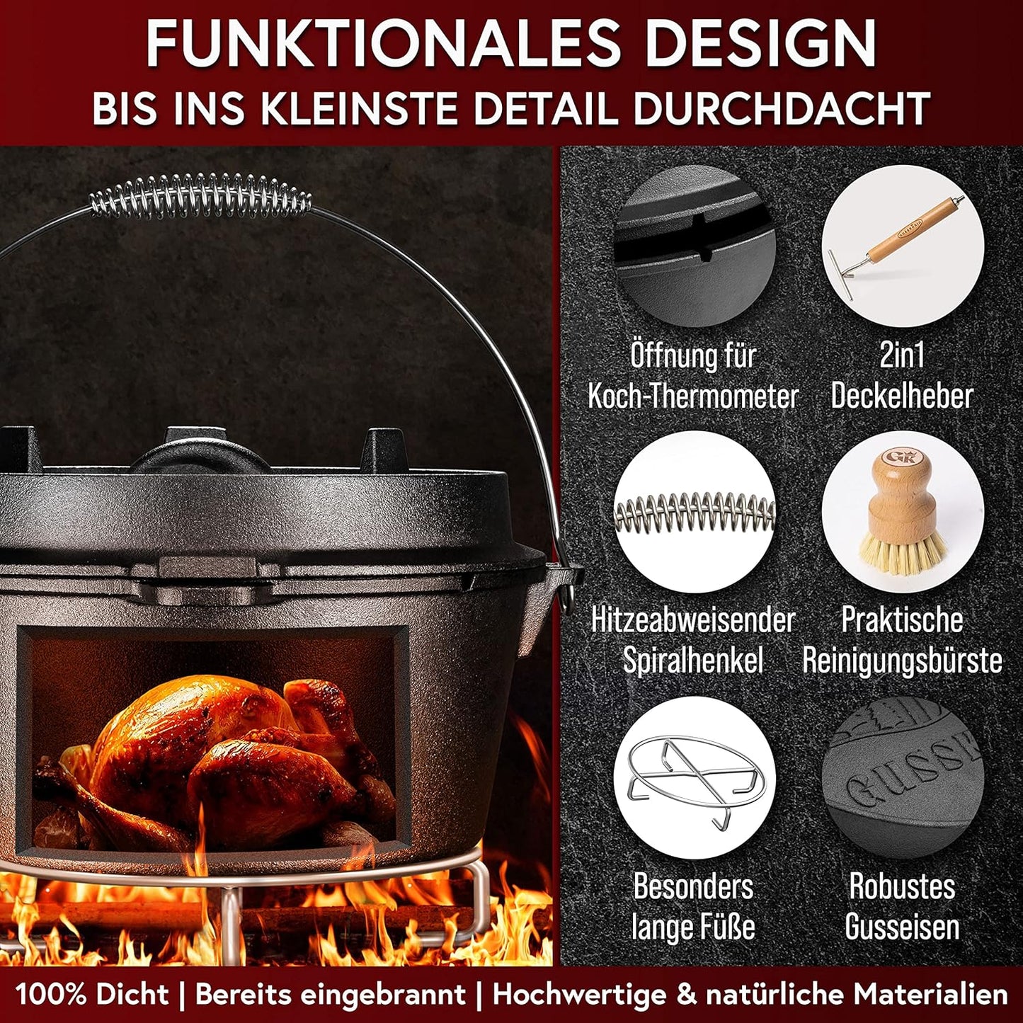 Dutch Oven Set, Topf ohne Fuss 9 Liter