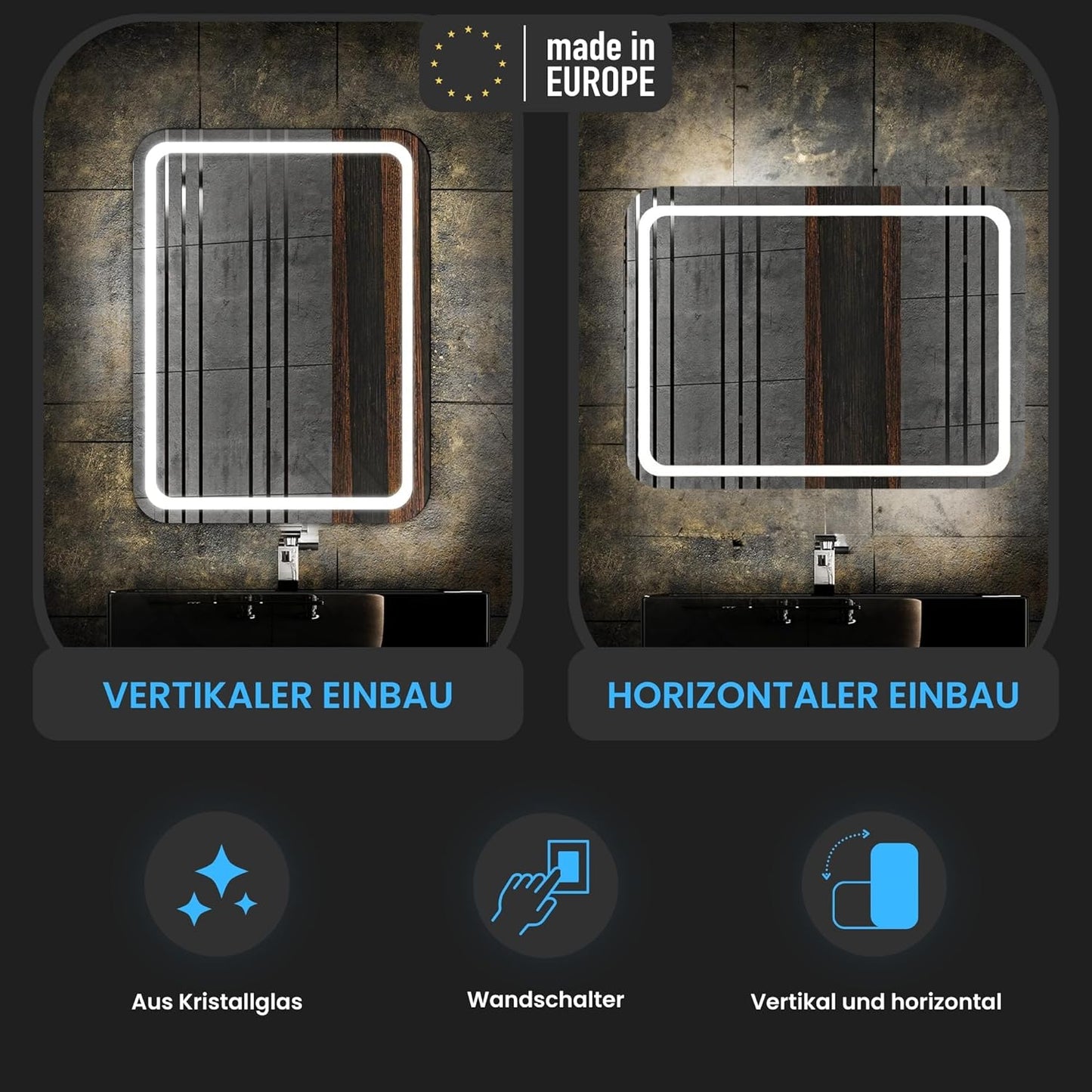 Badezimmerspiegel mit LED-Beleuchtung, 90L x 70B cm