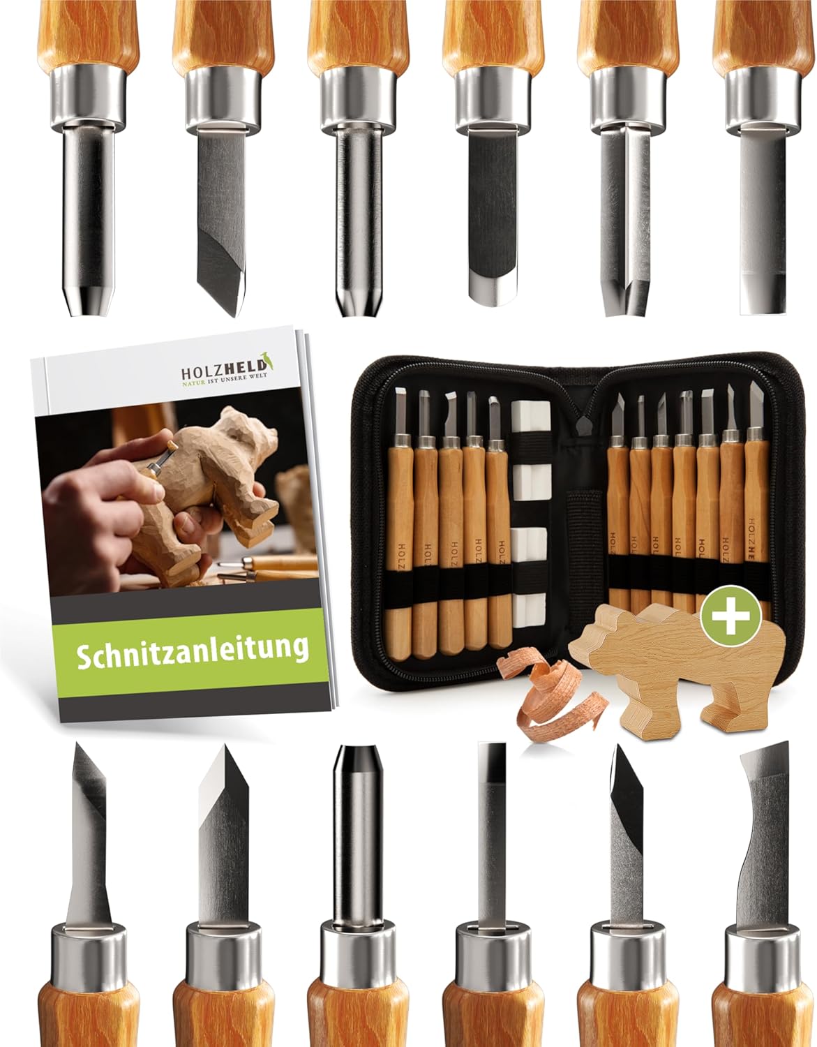 Schnitz-Set, Stofftasche (schwarz) + Holzrohling