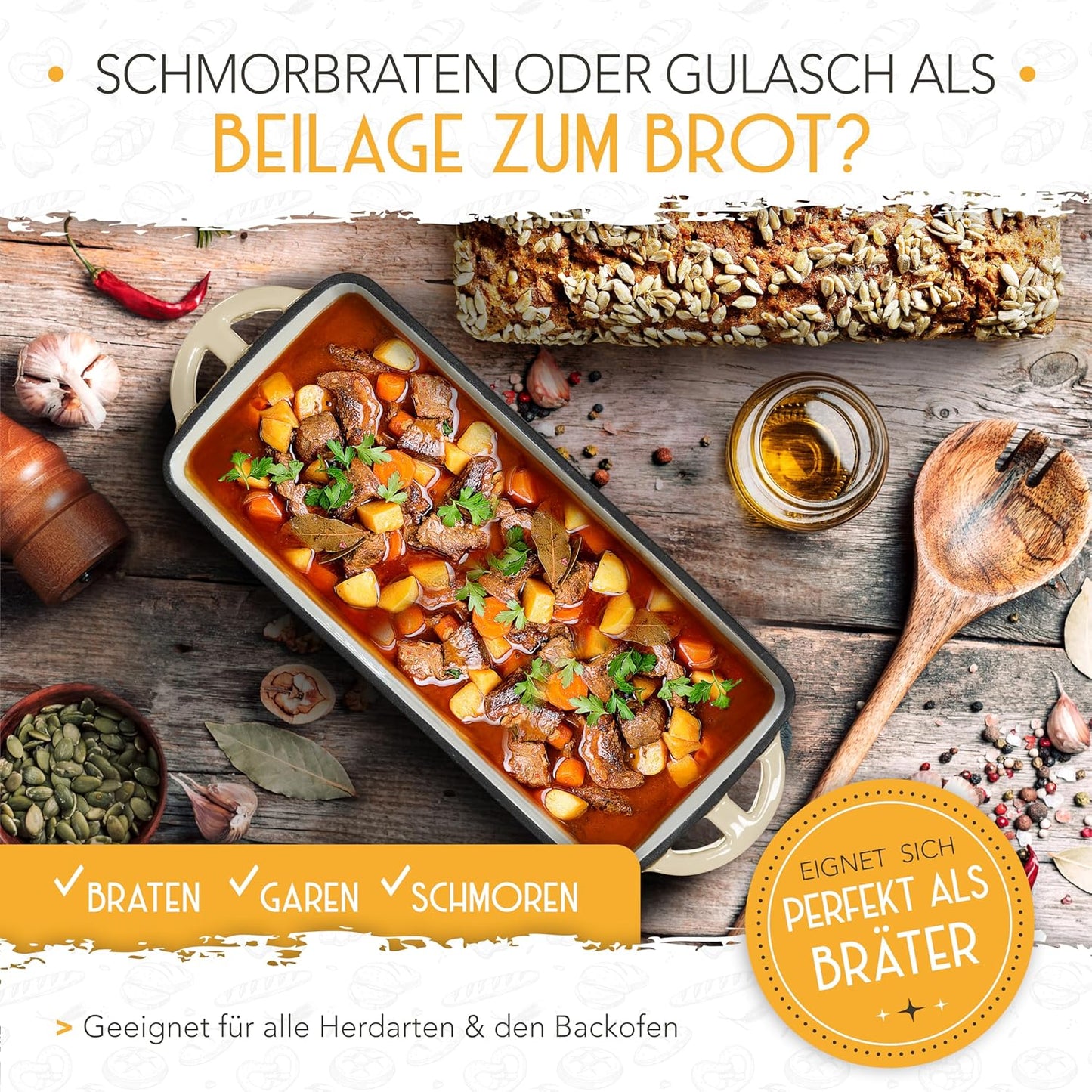 Brotbackfrom mit Deckel inkl. Gärkorb, Creme Kastenform