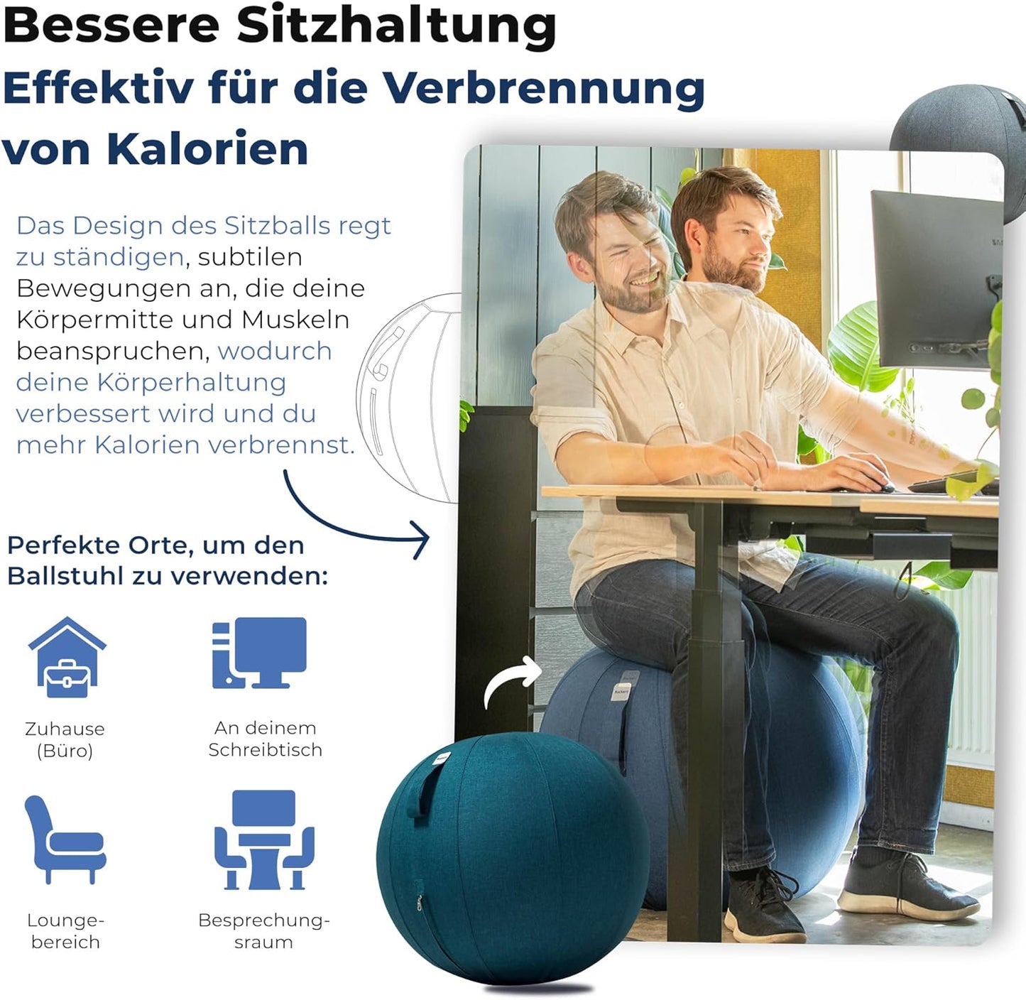 Ergonomischer Sitzball für Büro (65 cm), 65 cm Darkteal